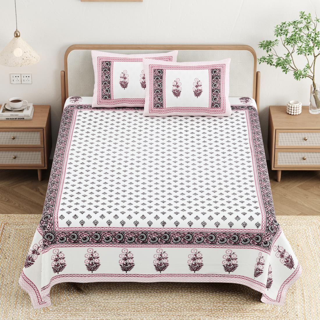Cotton Jaipuri Diwan Size  Bedsheet With 2 Zipper Pillow Cover (Size 70*100)