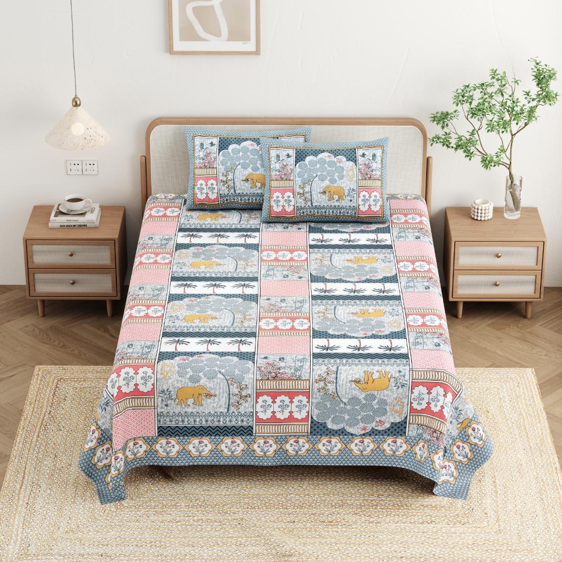 Cotton Jaipuri Diwan Size  Bedsheet With 2 Zipper Pillow Cover (Size 70*100)