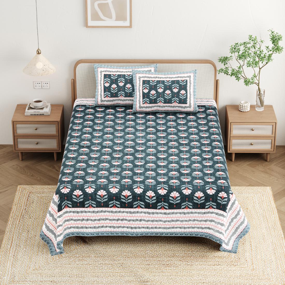 Cotton Jaipuri Diwan Size  Bedsheet With 2 Zipper Pillow Cover (Size 70*100)