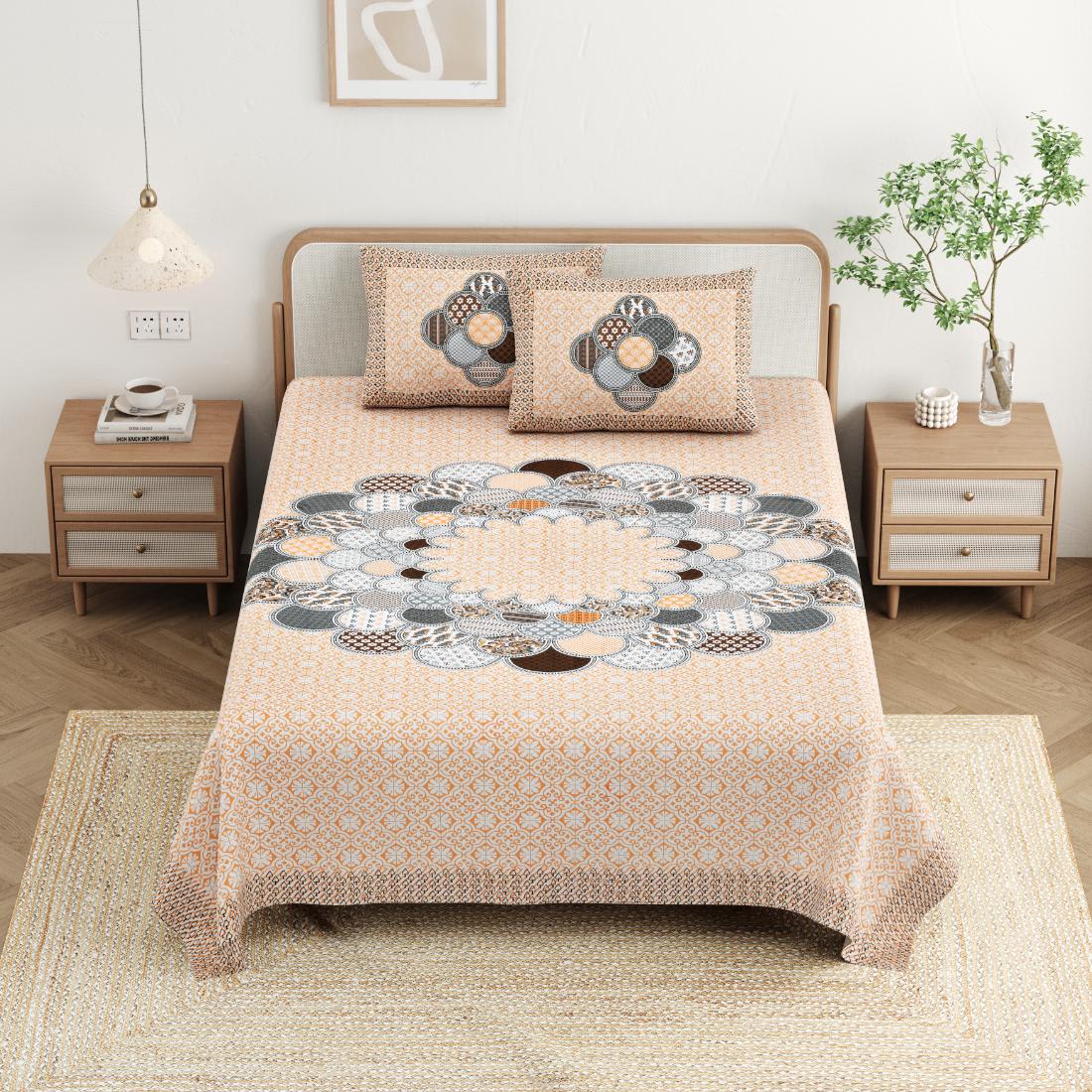 Cotton Jaipuri Diwan Size  Bedsheet With 2 Zipper Pillow Cover (Size 70*100)