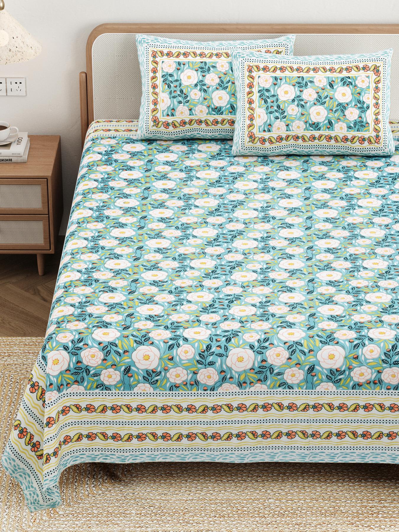 Cotton Jaipuri Diwan Size  Bedsheet With 2 Zipper Pillow Cover (Size 70*100)