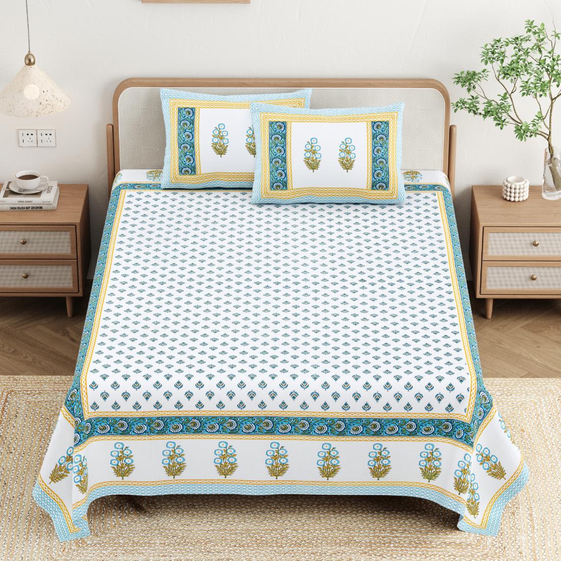 Cotton Jaipuri Diwan Size  Bedsheet With 2 Zipper Pillow Cover (Size 70*100)