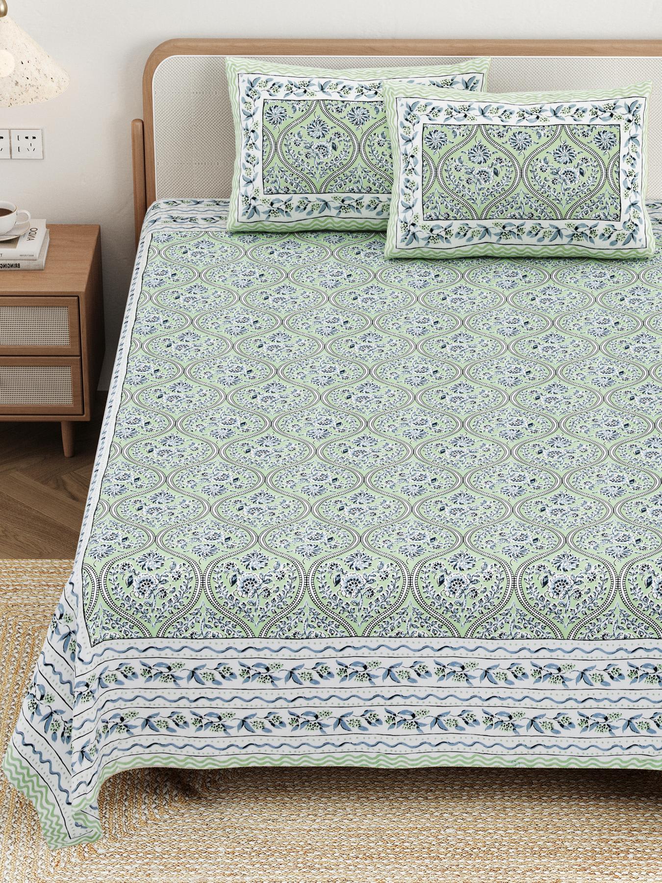 Cotton Jaipuri Diwan Size  Bedsheet With 2 Zipper Pillow Cover (Size 70*100)