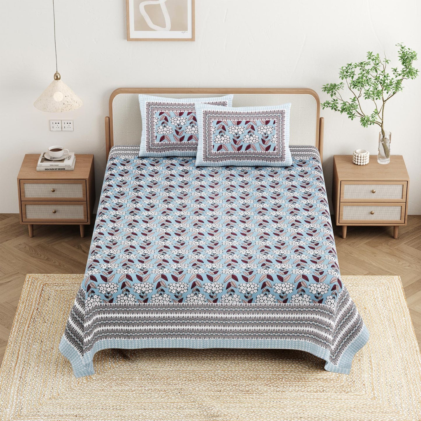 Cotton Jaipuri Diwan Size  Bedsheet With 2 Zipper Pillow Cover (Size 70*100)