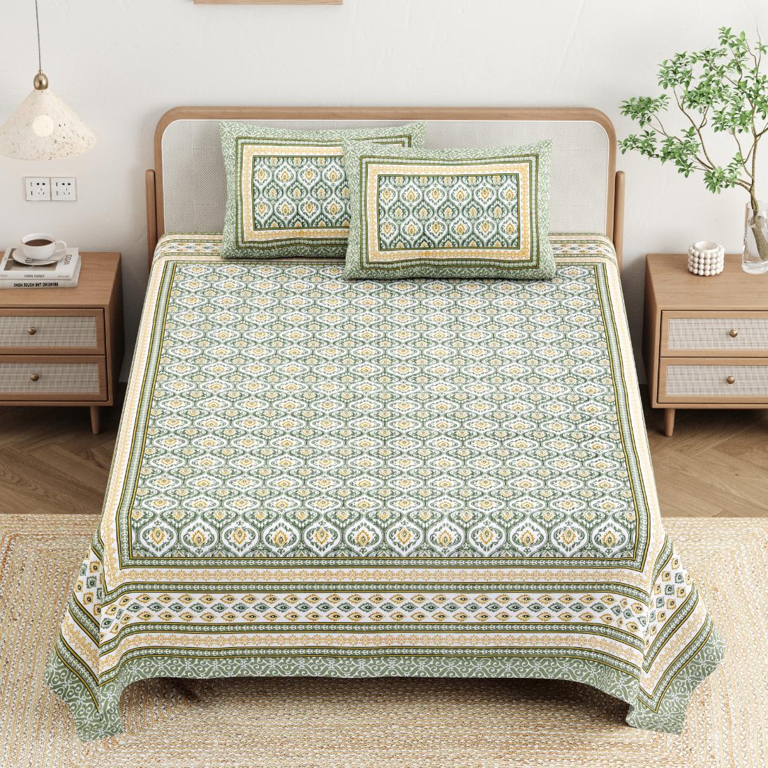 Cotton Jaipuri Diwan Size  Bedsheet With 2 Zipper Pillow Cover (Size 70*100)