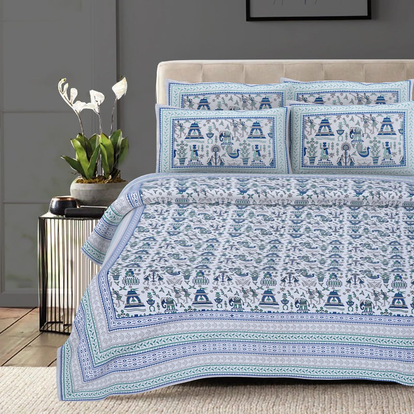 Cotton King Jaipuri Prints Flat Bedsheet (Pack of 1, Blue)
