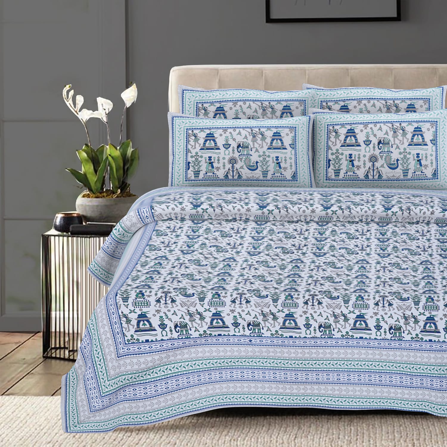 Cotton King Jaipuri Prints Flat Bedsheet (Pack of 1, Blue)