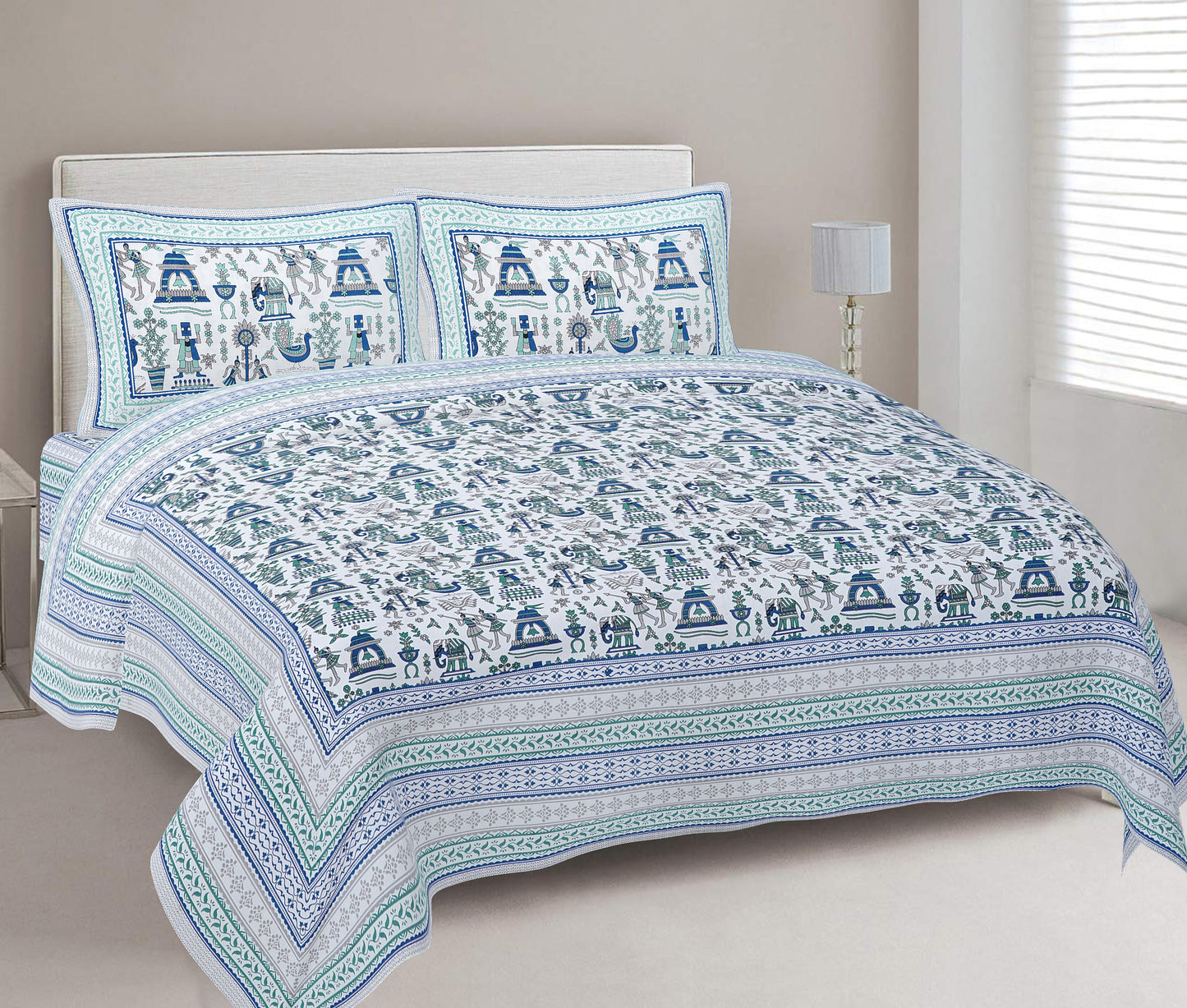 Cotton King Jaipuri Prints Flat Bedsheet (Pack of 1, Blue)