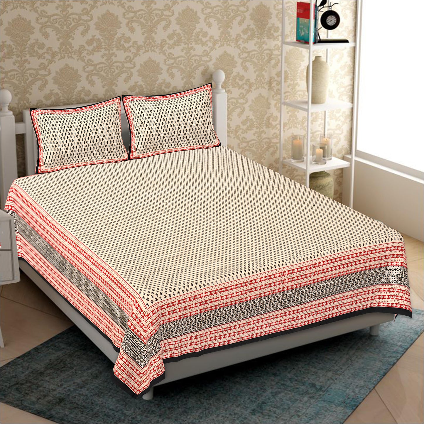 Cotton King Jaipuri Prints Flat Bedsheet (Pack of 1, Multicolor)