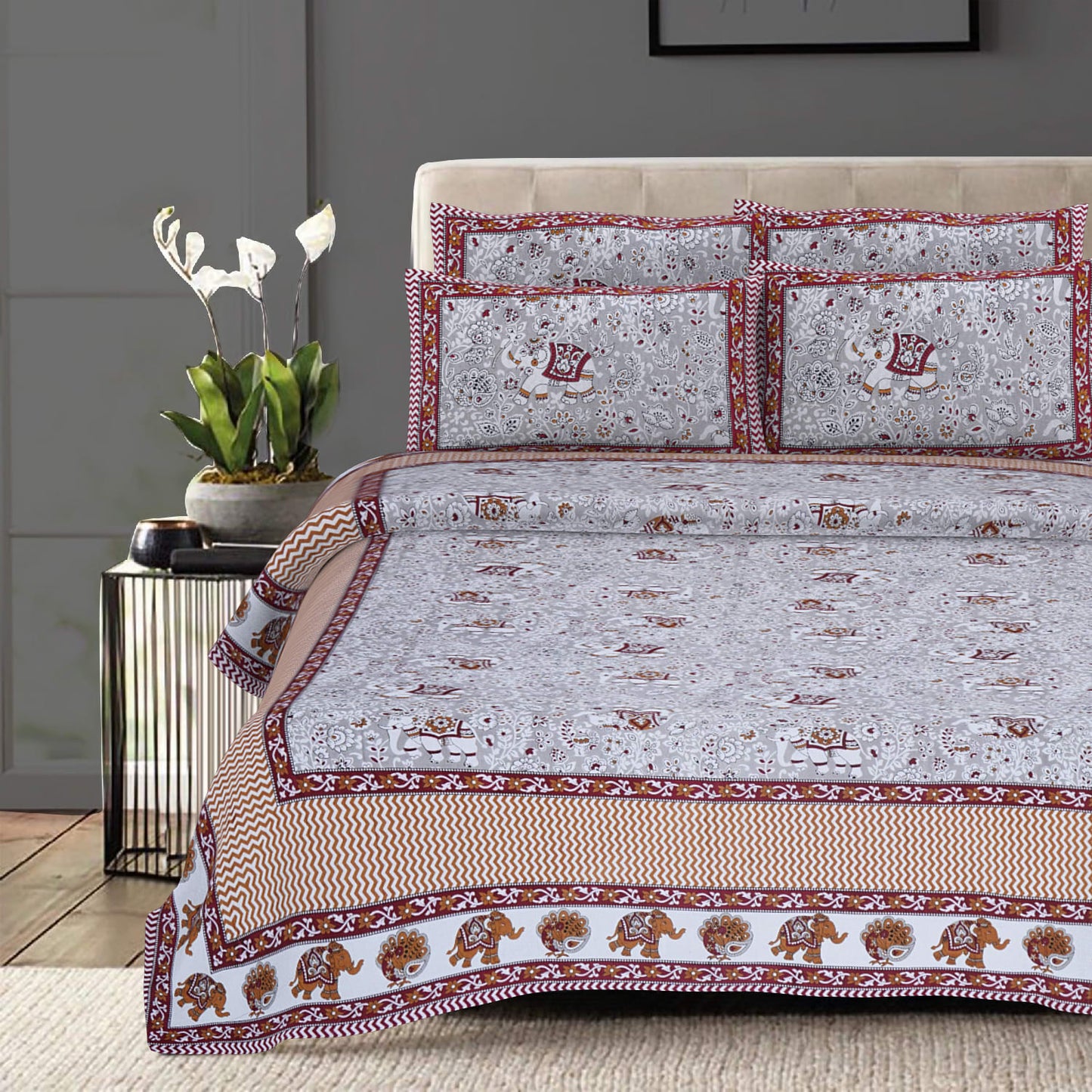 Cotton King Jaipuri Prints Flat Bedsheet (Pack of 1, Multicolor)