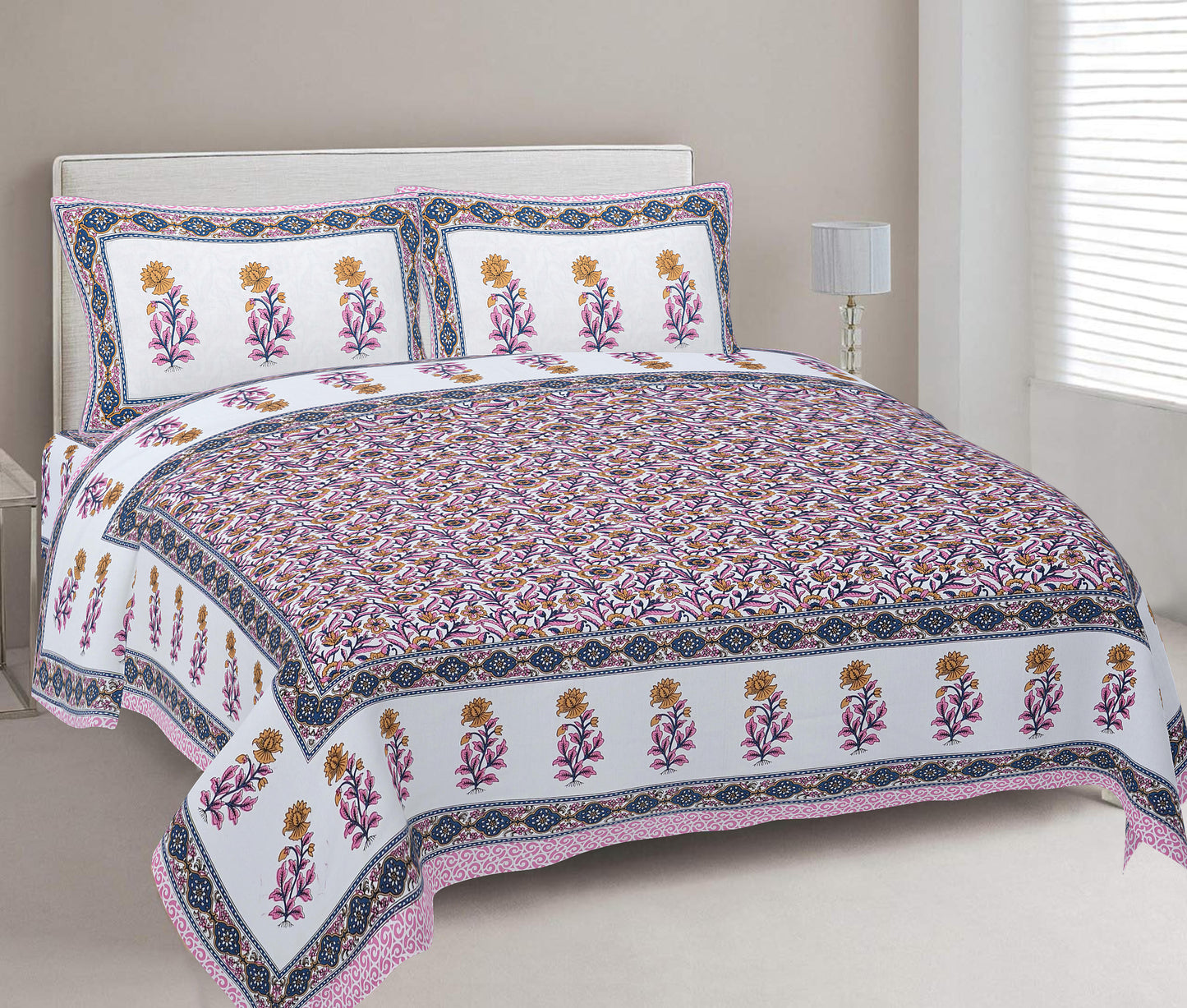 Cotton King Jaipuri Prints Flat Bedsheet (Pack of 1, Multicolor)