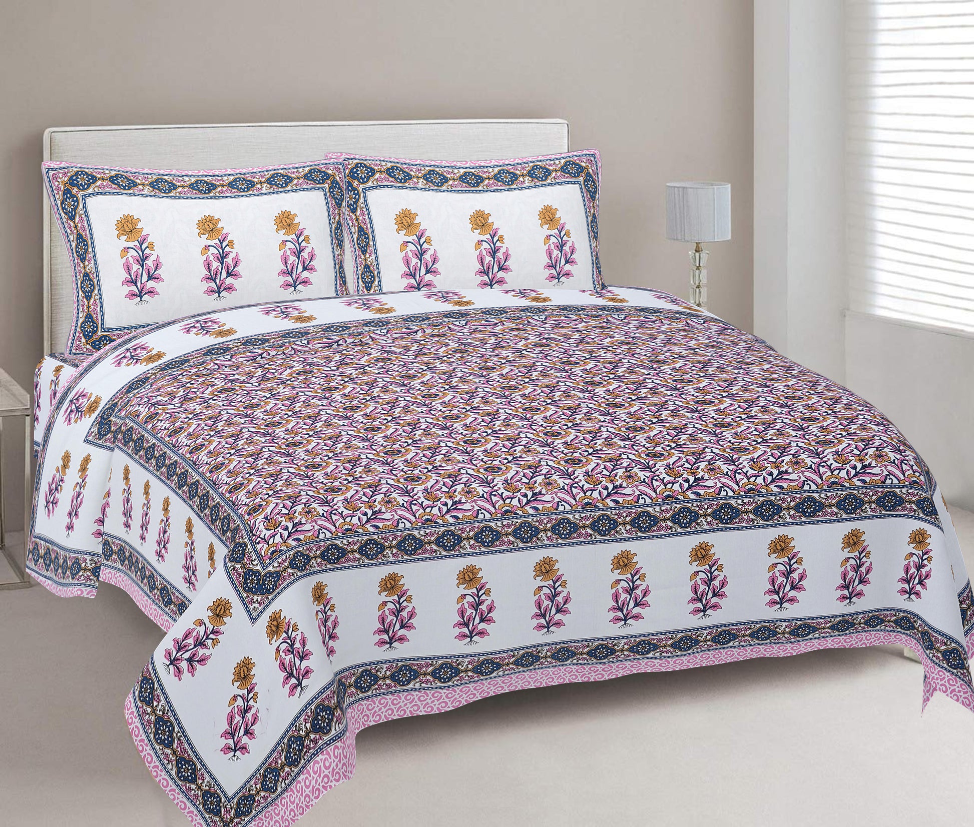Cotton King Jaipuri Prints Flat Bedsheet (Pack of 1, Multicolor)