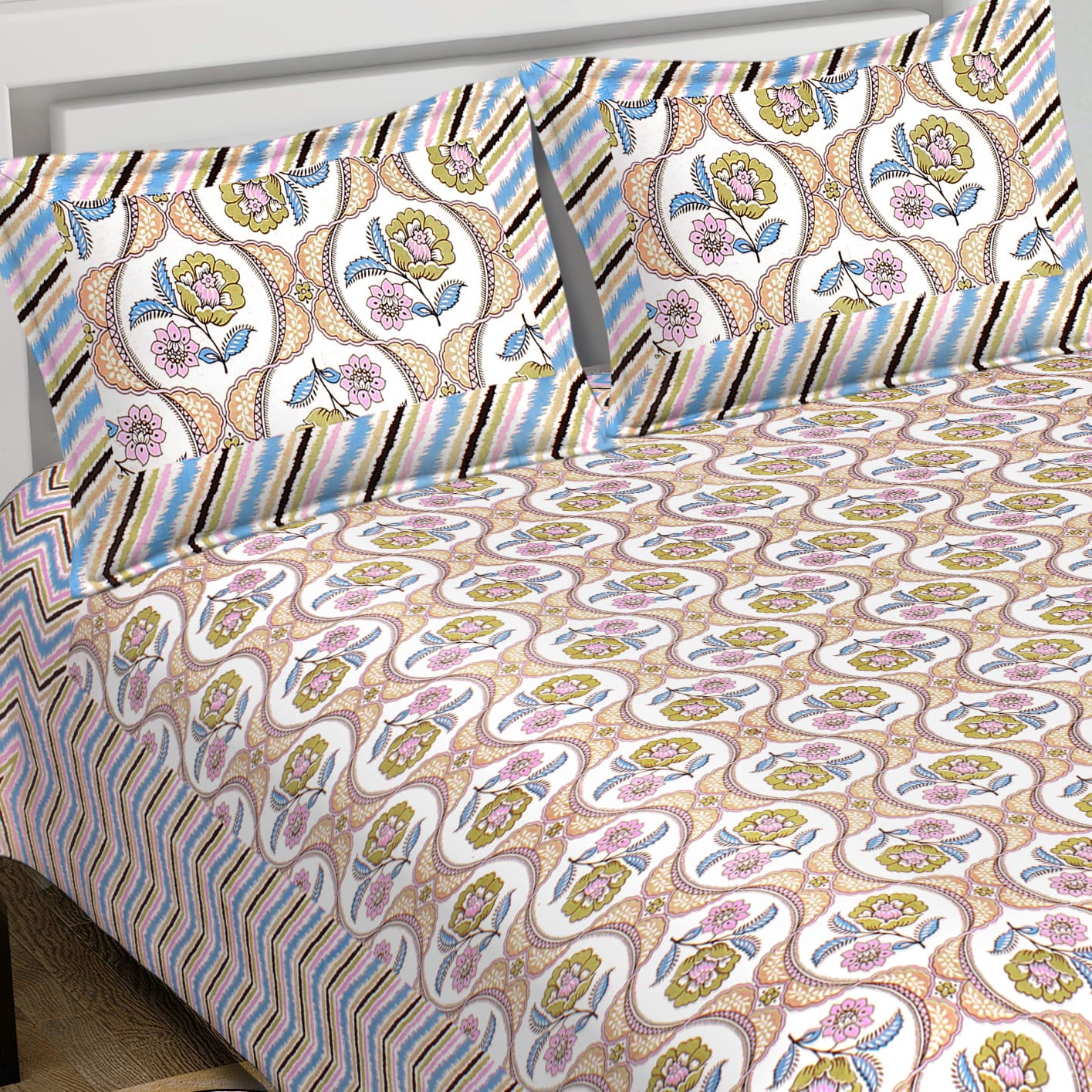 Cotton King Jaipuri Prints Flat Bedsheet (Pack of 1, Multicolor)