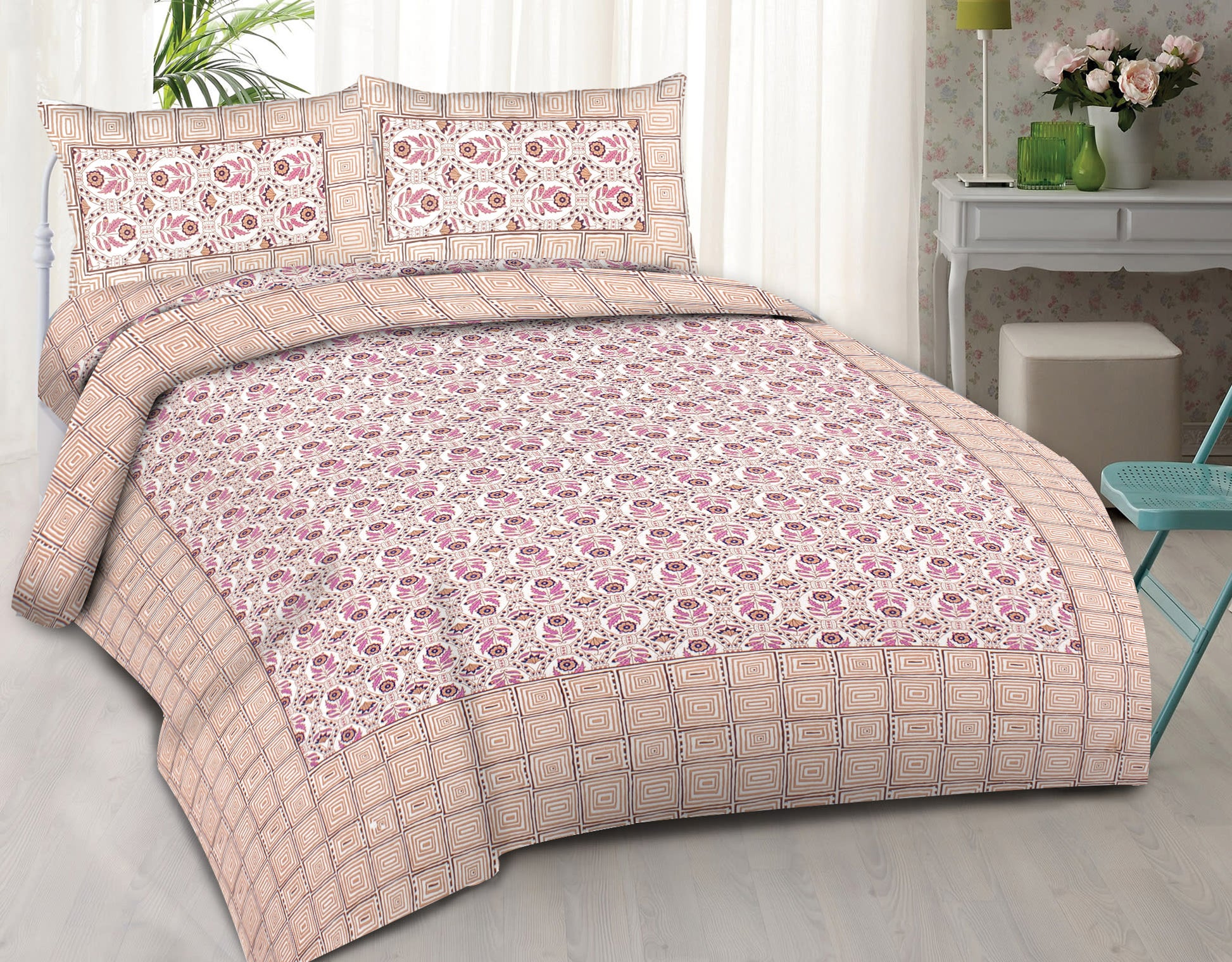 Cotton King Jaipuri Prints Flat Bedsheet (Pack of 1, Multicolor)