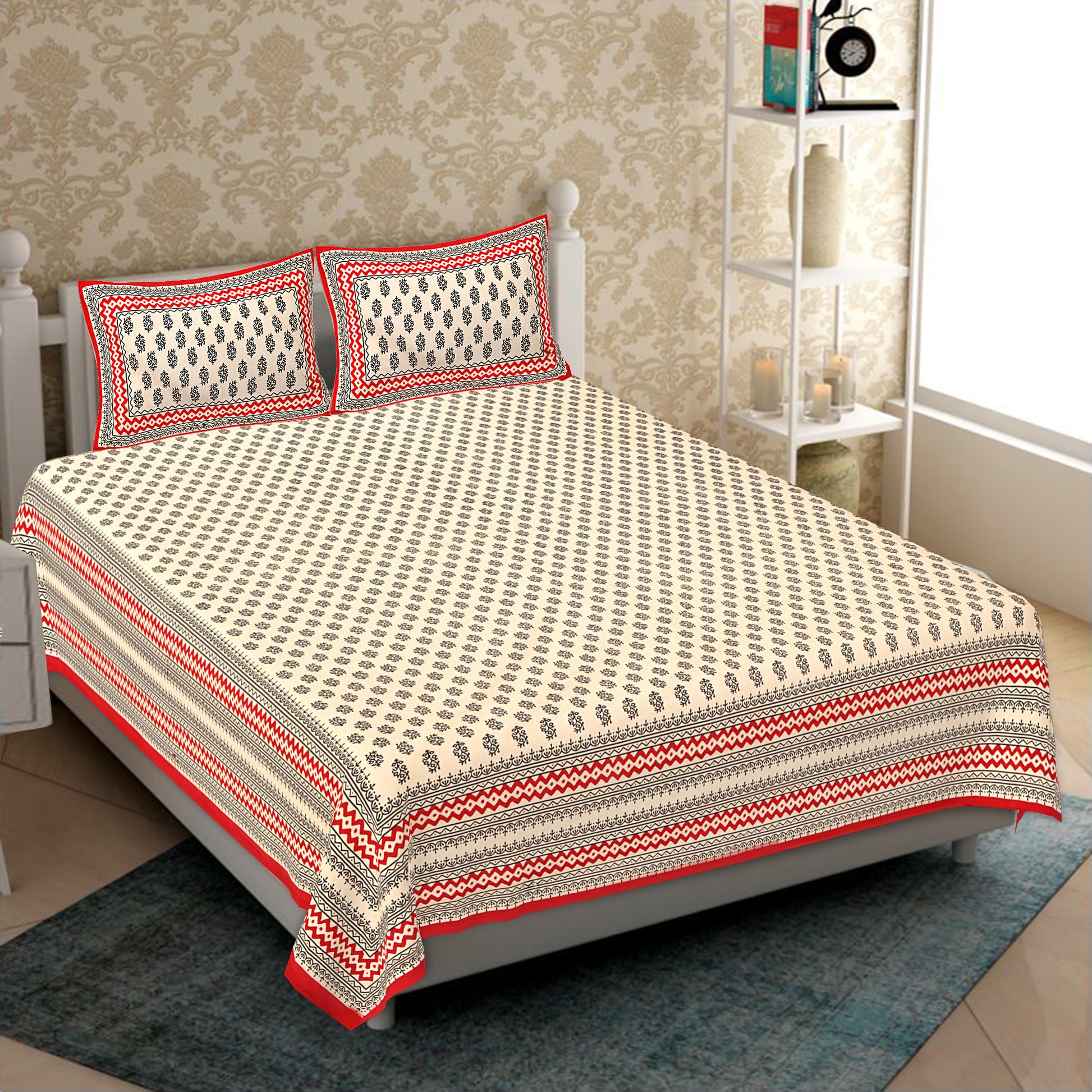 Cotton King Jaipuri Prints Flat Bedsheet (Pack of 1, Multicolor)