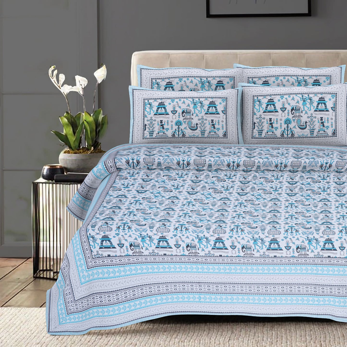 Cotton King Jaipuri Prints Flat Bedsheet (Pack of 1, Multicolor)