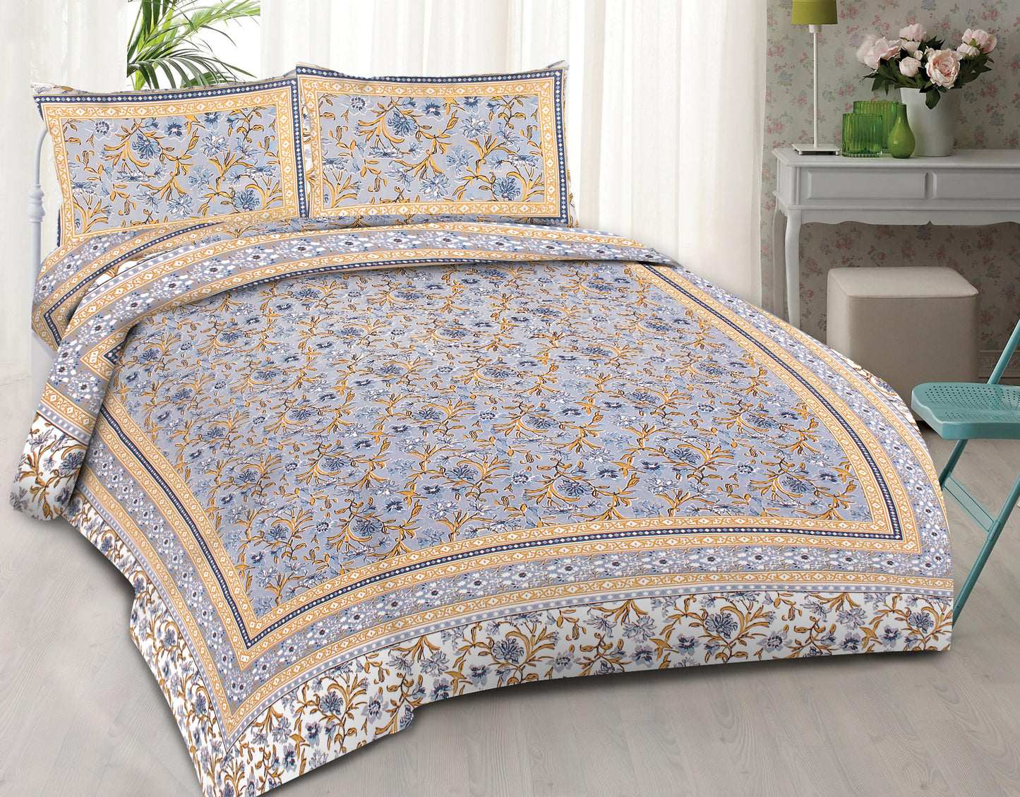Cotton King Jaipuri Prints Flat Bedsheet (Pack of 1, Multicolor)