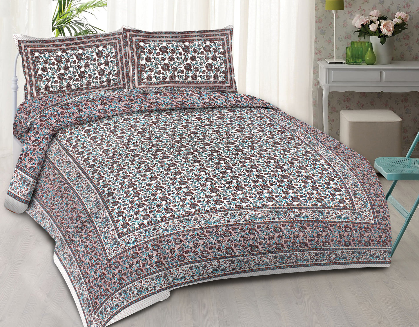 Cotton King Jaipuri Prints Flat Bedsheet (Pack of 1, Multicolor)
