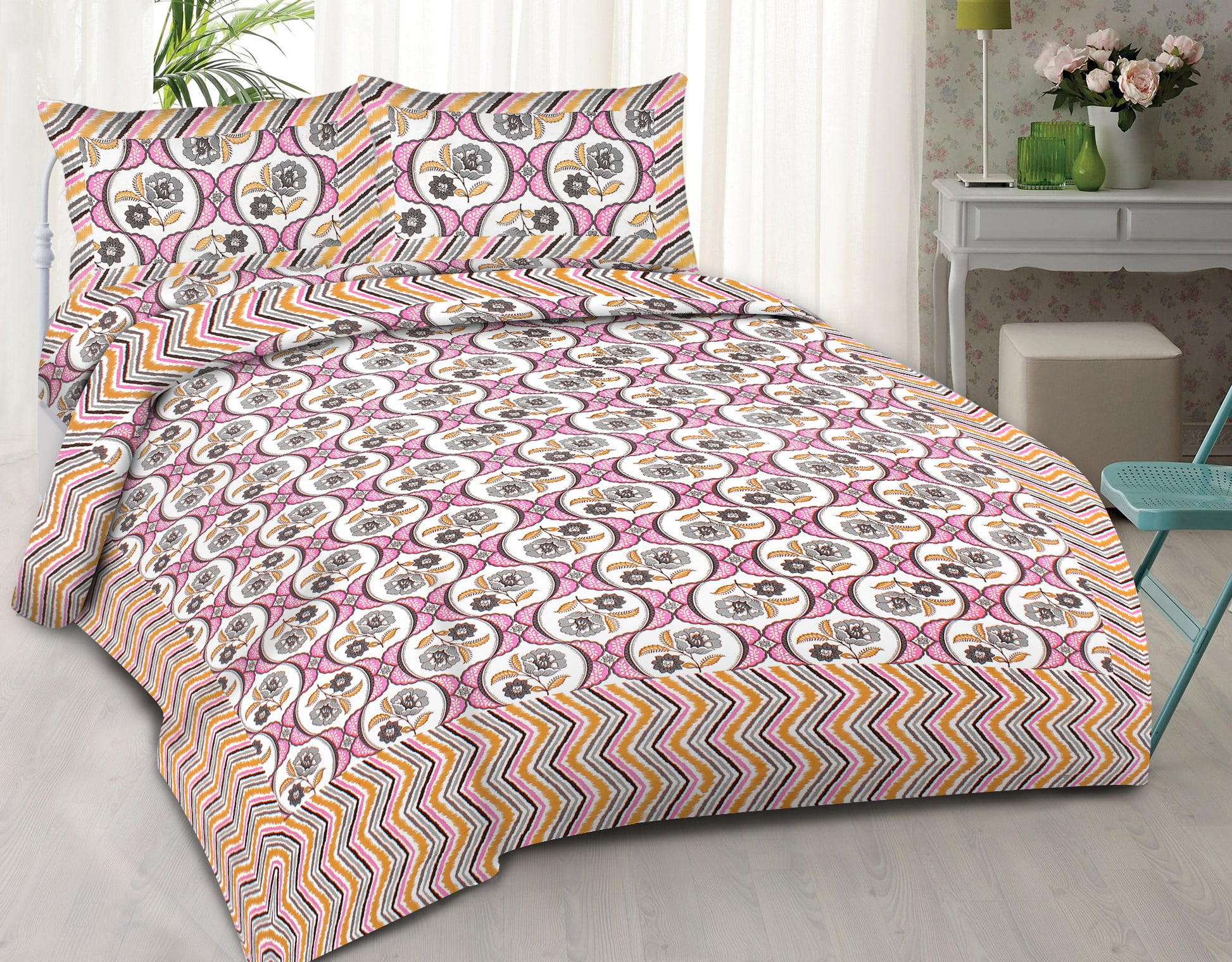 Cotton King Jaipuri Prints Flat Bedsheet (Pack of 1, Multicolor)