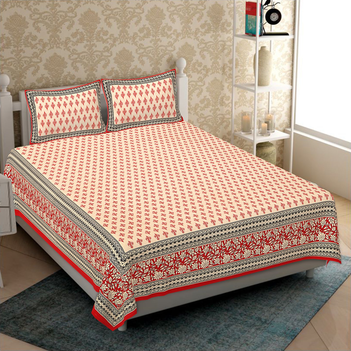 Cotton King Jaipuri Prints Flat Bedsheet (Pack of 1, Multicolor)