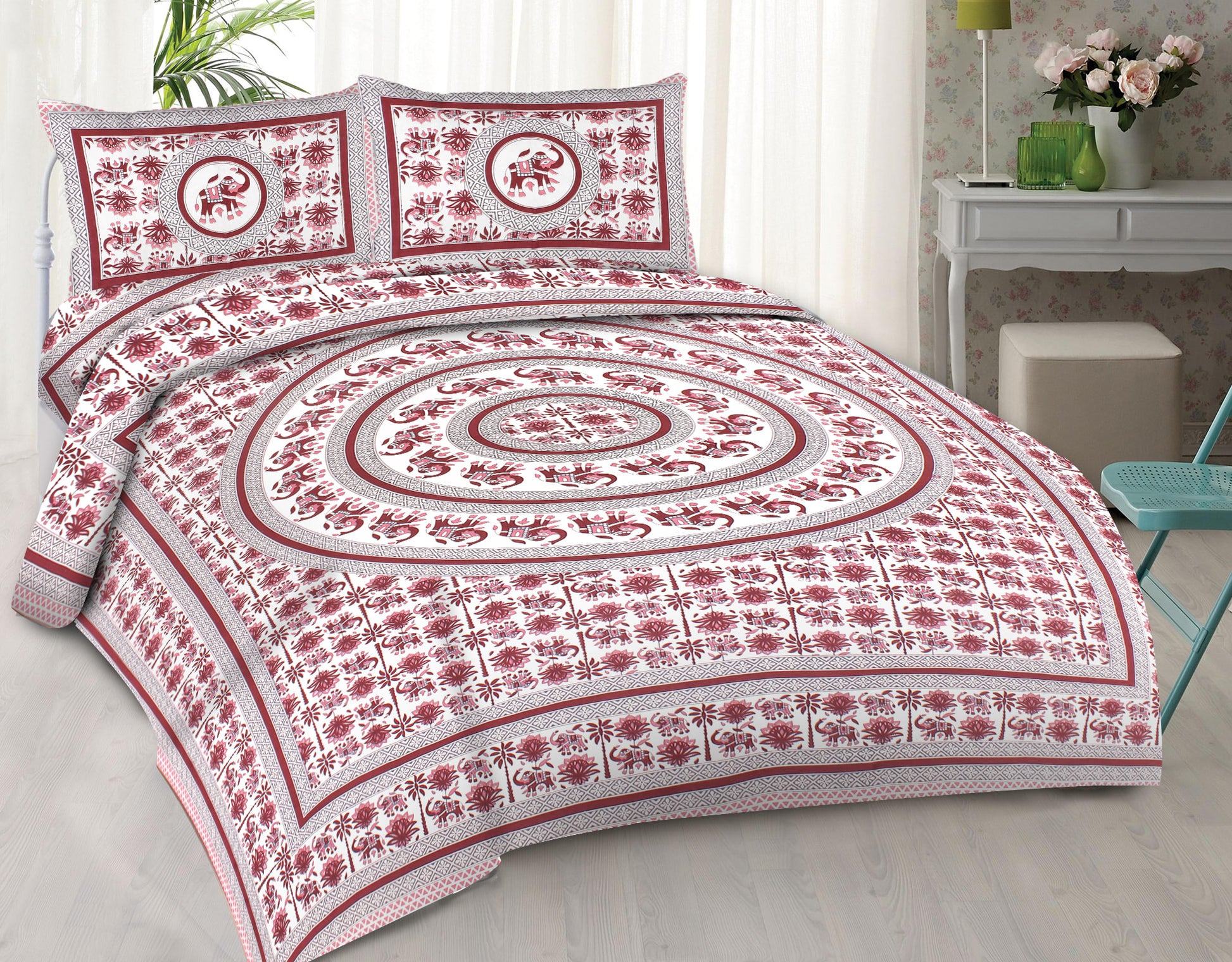Cotton King Jaipuri Prints Flat Bedsheet (Pack of 1, Multicolor)