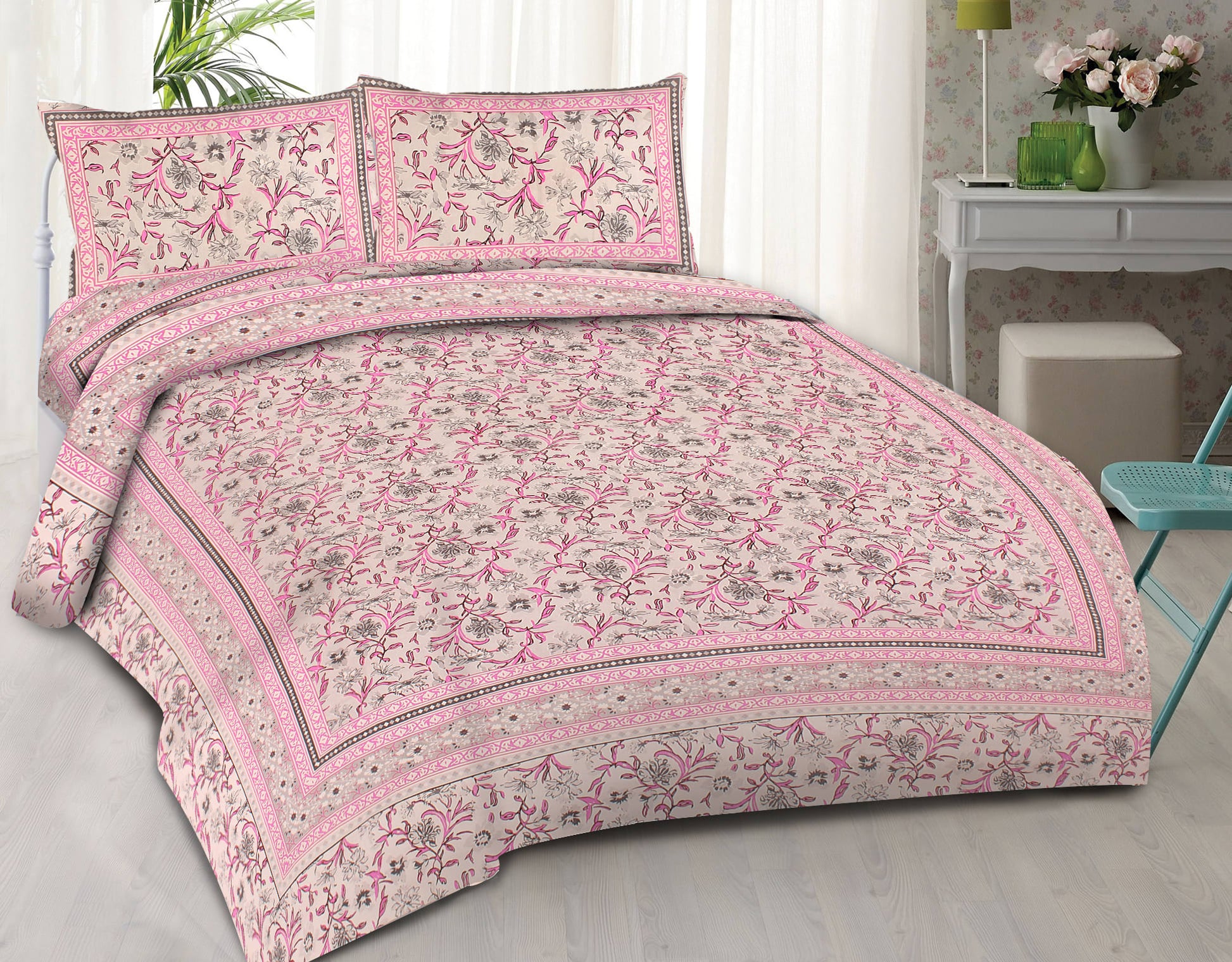 Cotton King Jaipuri Prints Flat Bedsheet (Pack of 1, Multicolor)
