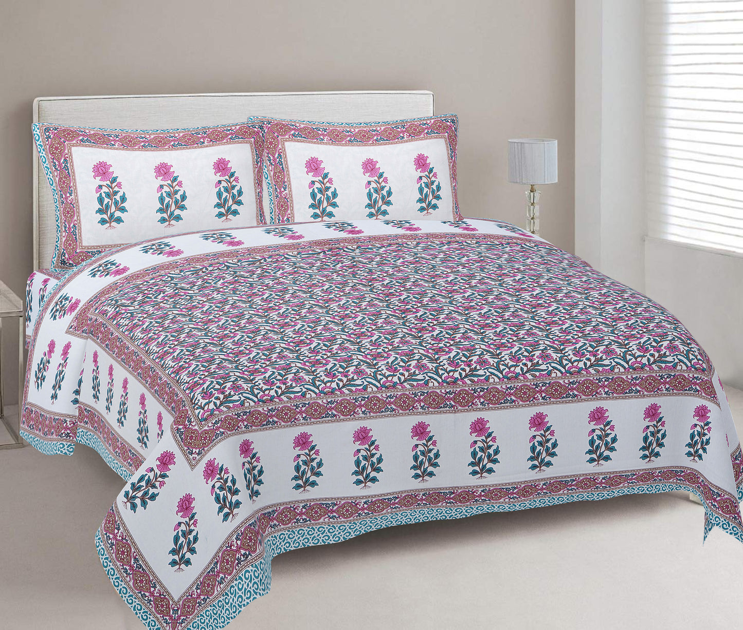 Cotton King Jaipuri Prints Flat Bedsheet (Pack of 1, Multicolor)
