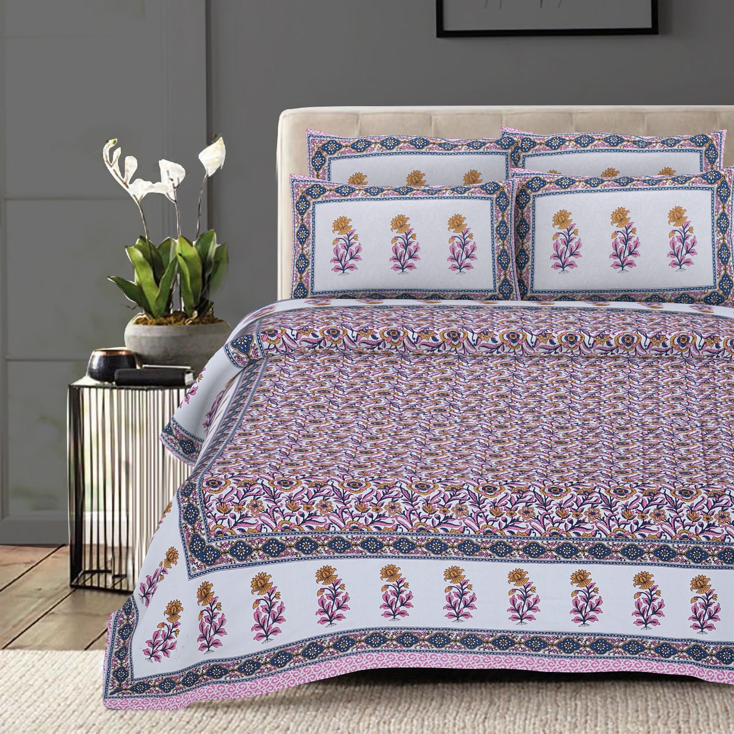 Cotton King Jaipuri Prints Flat Bedsheet (Pack of 1, Multicolor)