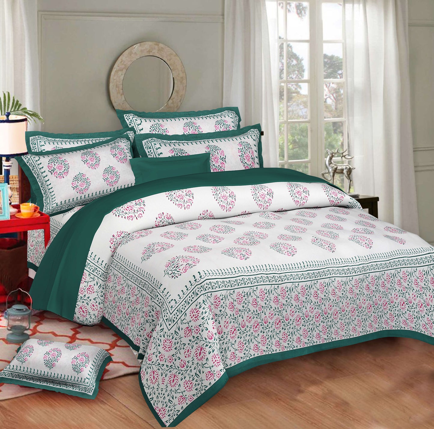 Cotton King Jaipuri Prints Flat Bedsheet (Pack of 1, Multicolor)