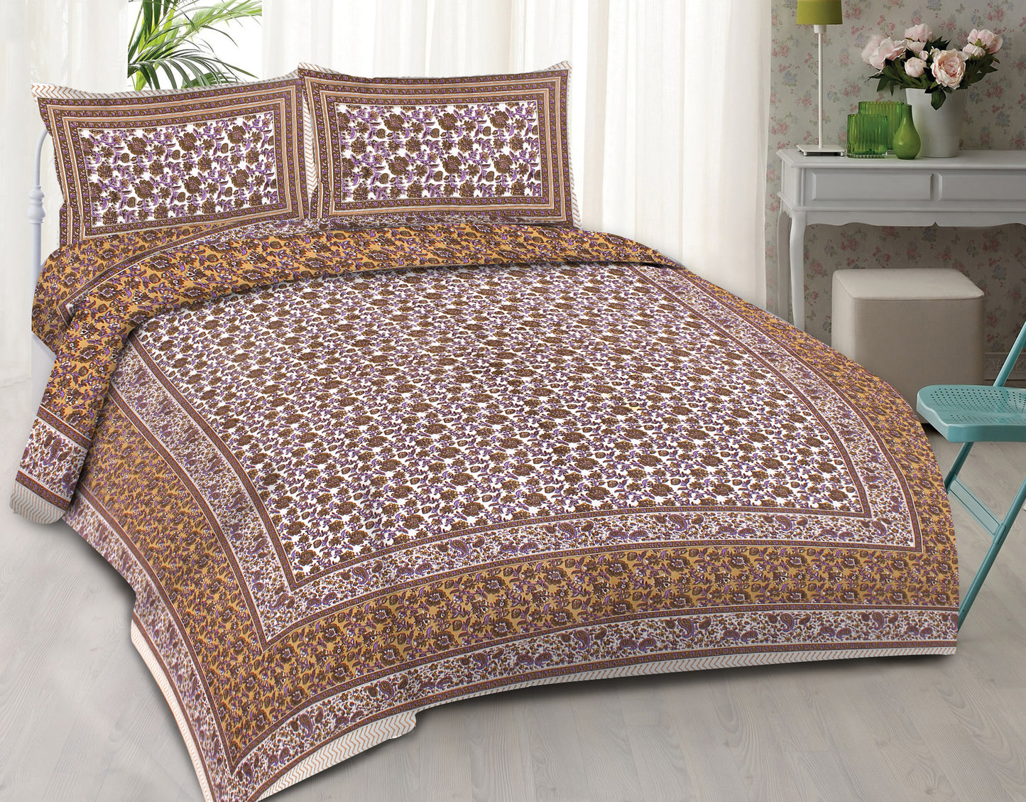 Cotton King Jaipuri Prints Flat Bedsheet (Pack of 1, Multicolor)