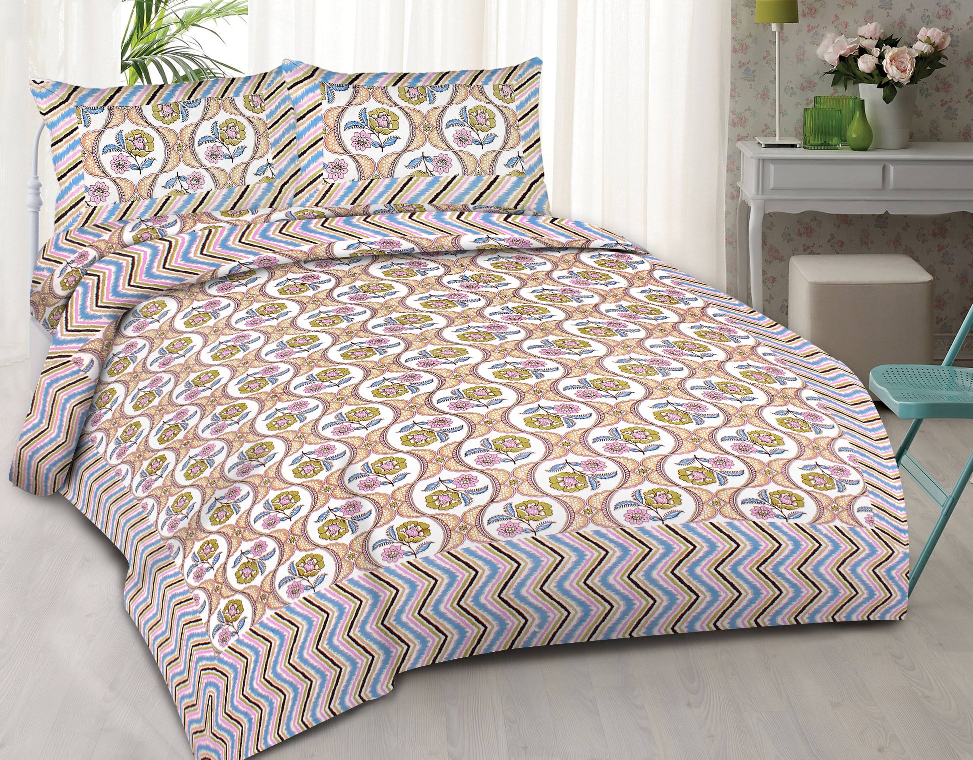 Cotton King Jaipuri Prints Flat Bedsheet (Pack of 1, Multicolor)