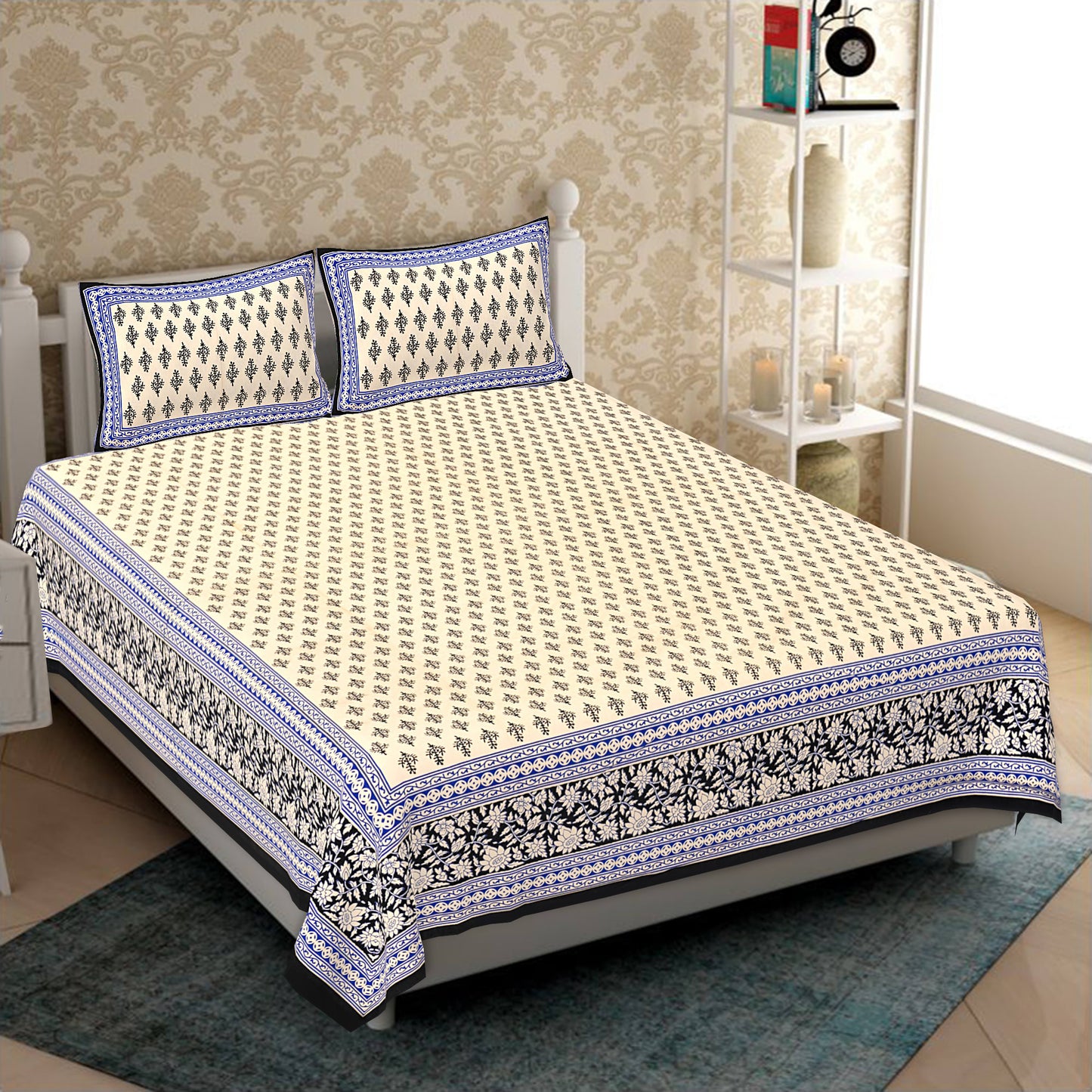 Cotton King Jaipuri Prints Flat Bedsheet (Pack of 1, Multicolor)
