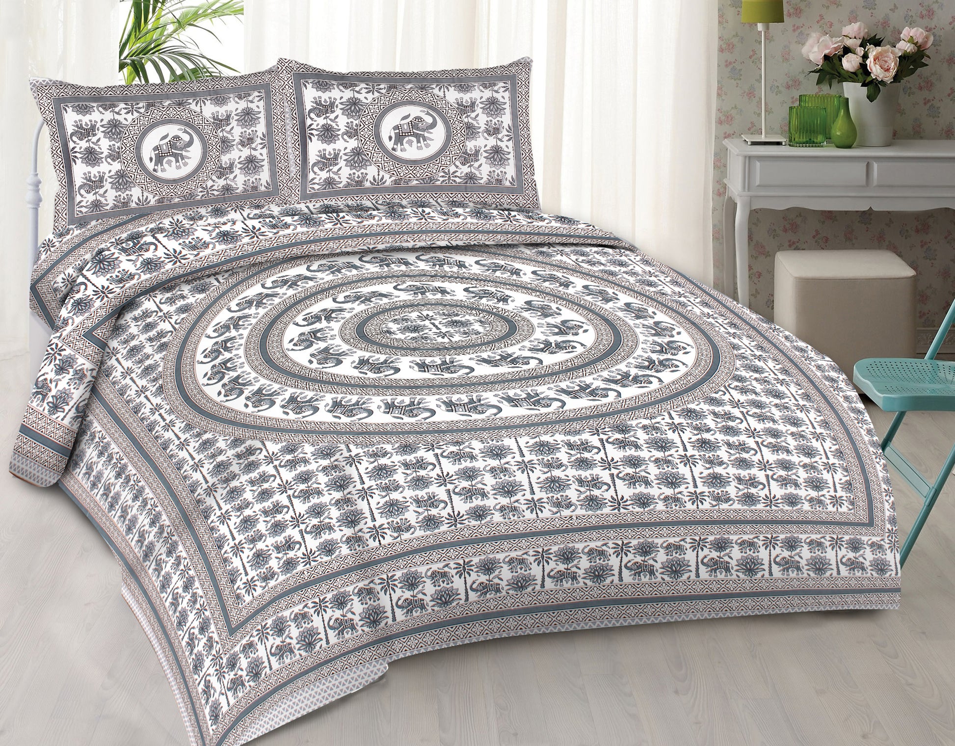 Cotton King Jaipuri Prints Flat Bedsheet (Pack of 1, Multicolor)