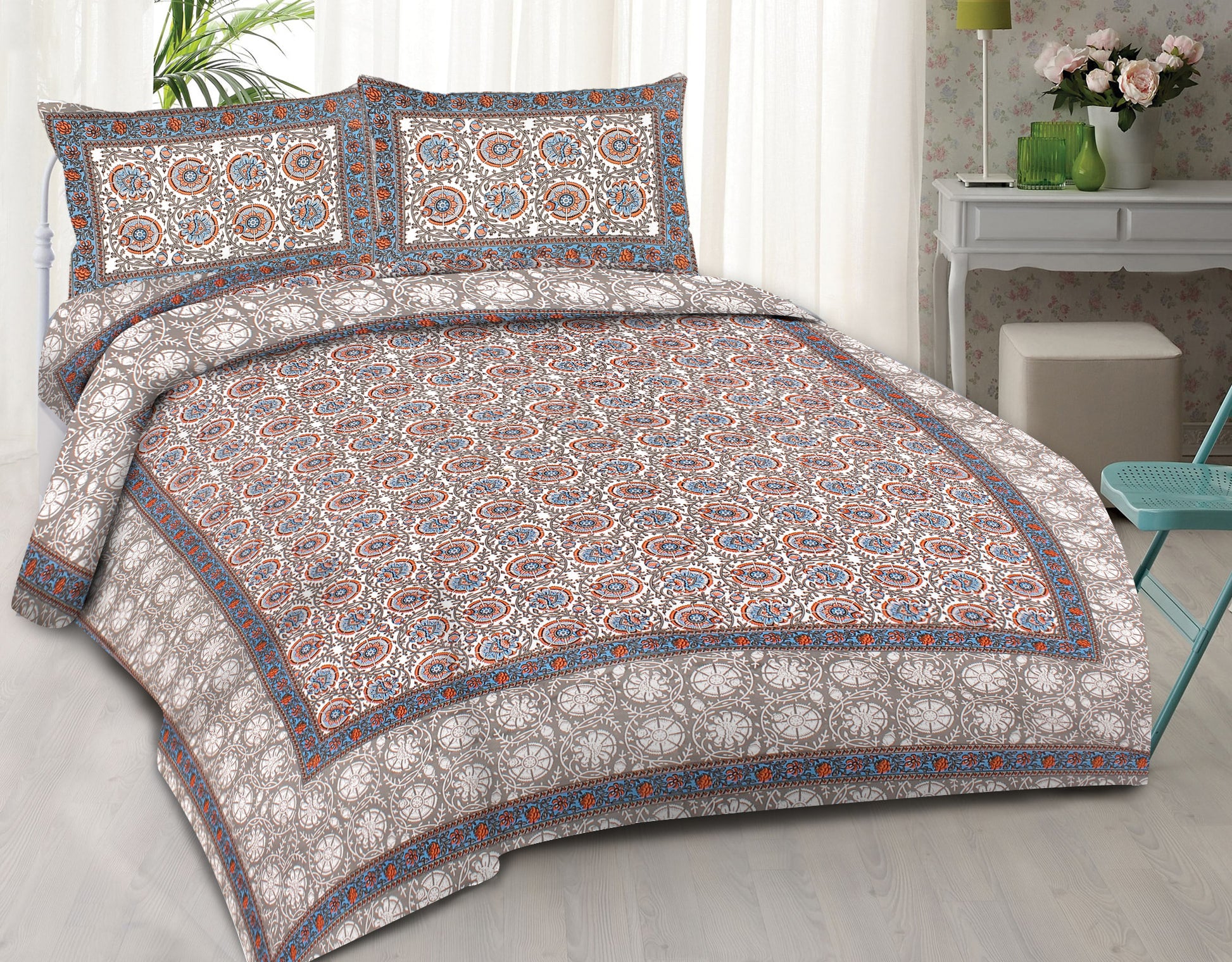 Cotton King Jaipuri Prints Flat Bedsheet (Pack of 1, Multicolor)