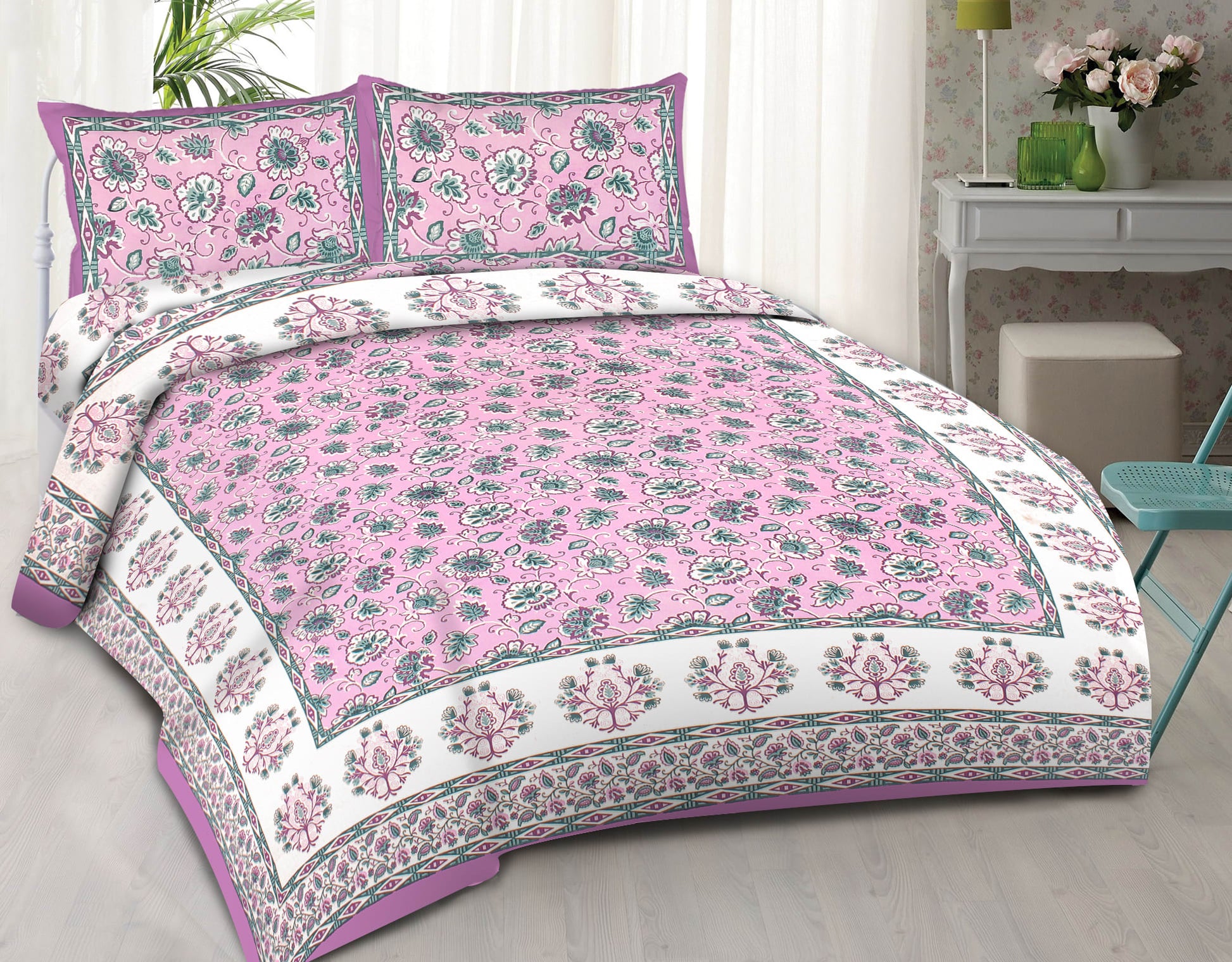 Cotton King Jaipuri Prints Flat Bedsheet (Pack of 1, Multicolor)