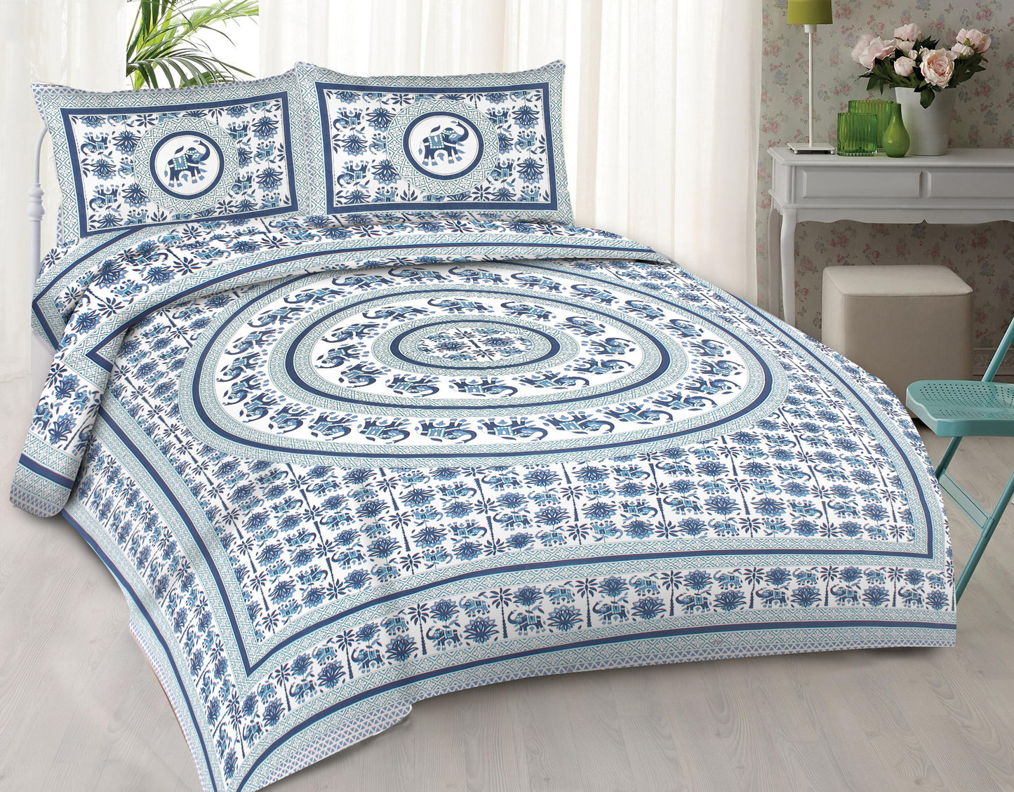 Cotton King Jaipuri Prints Flat Bedsheet (Pack of 1, Multicolor)
