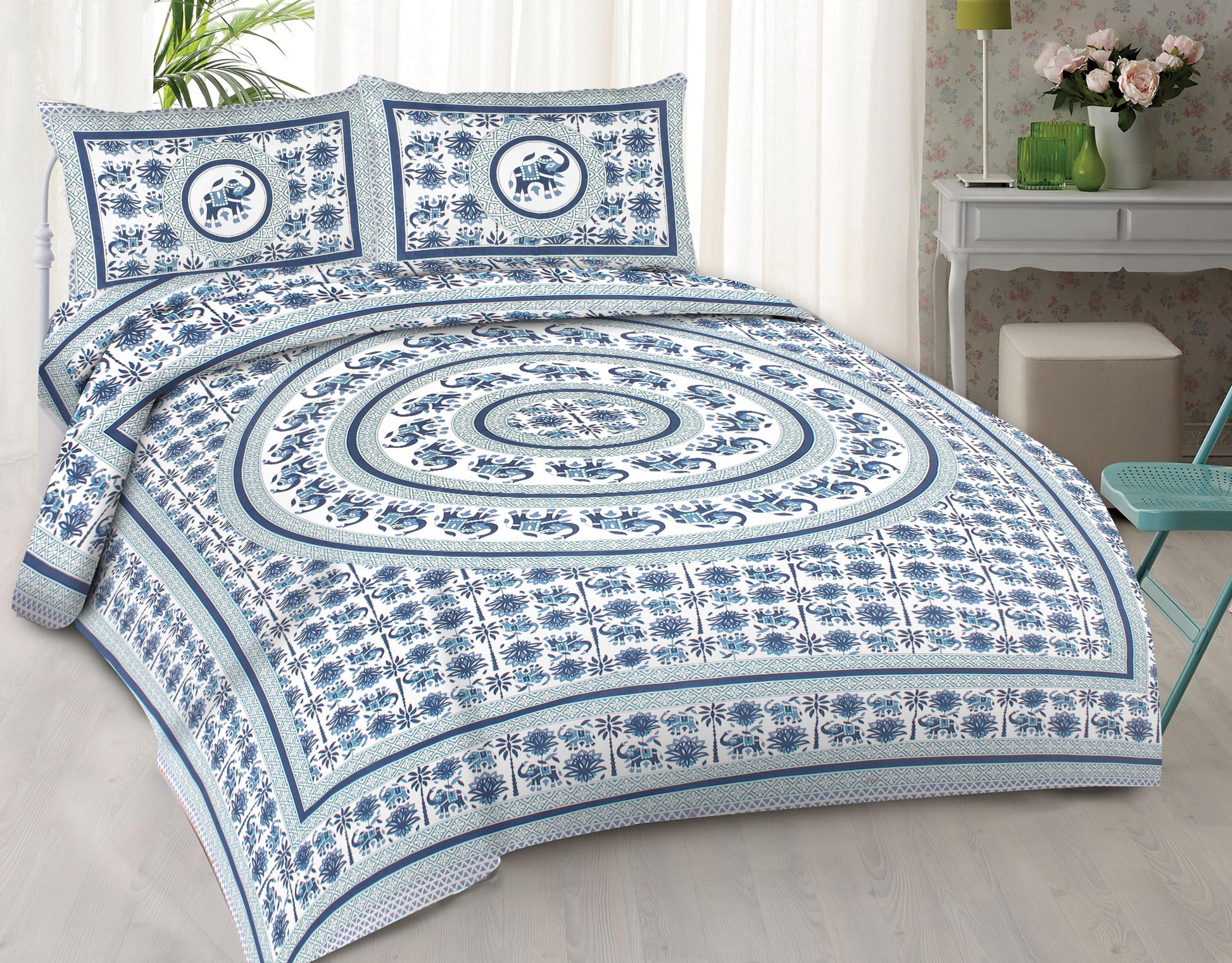 Cotton King Jaipuri Prints Flat Bedsheet (Pack of 1, Multicolor)