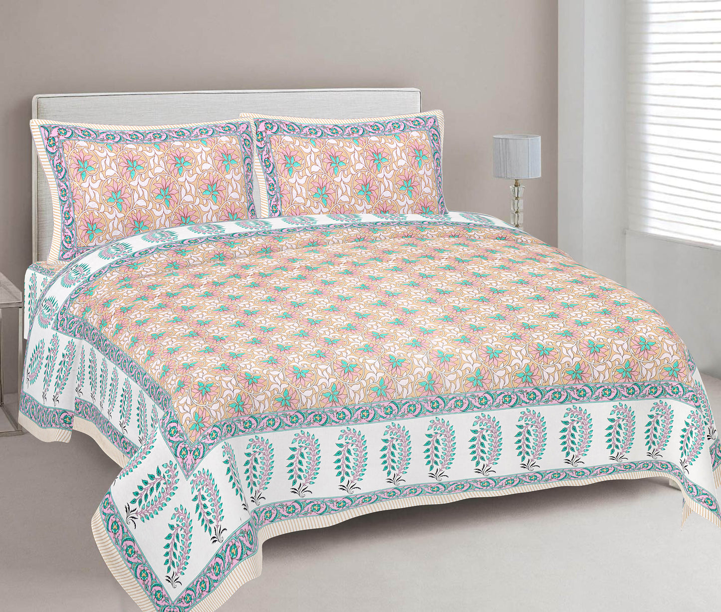 Cotton King Jaipuri Prints Flat Bedsheet (Pack of 1, Multicolor)