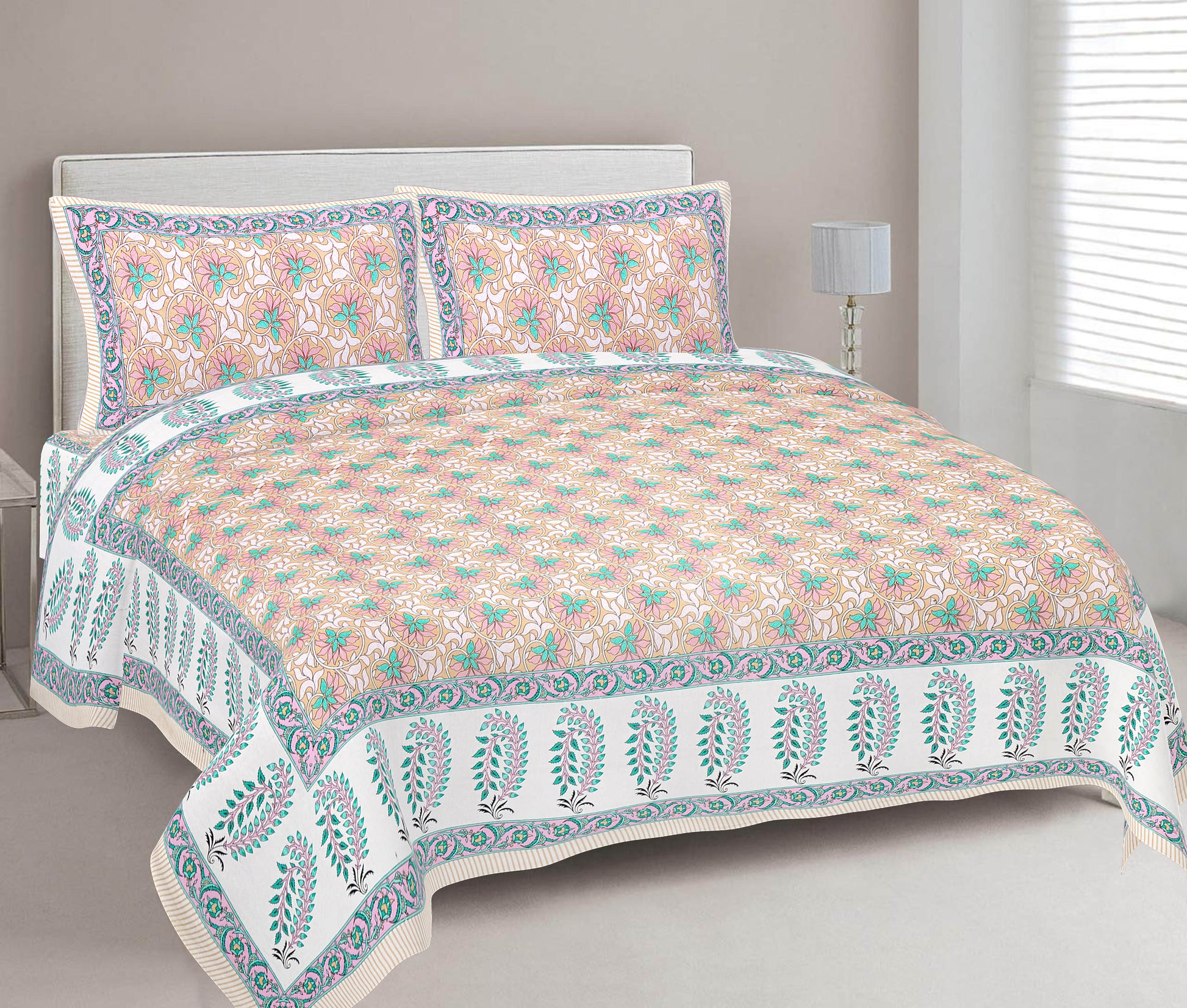 Cotton King Jaipuri Prints Flat Bedsheet (Pack of 1, Multicolor)