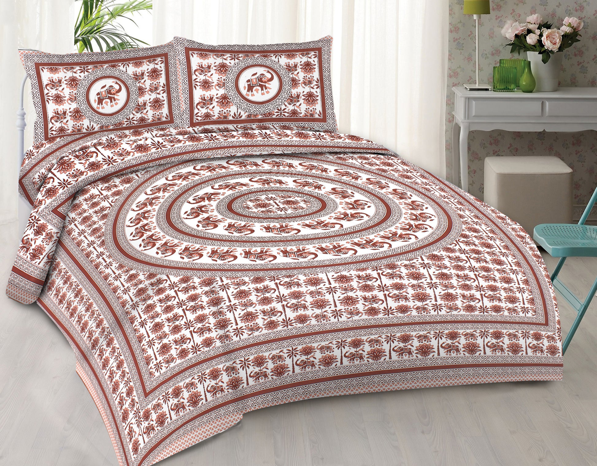Cotton King Jaipuri Prints Flat Bedsheet (Pack of 1, Multicolor)