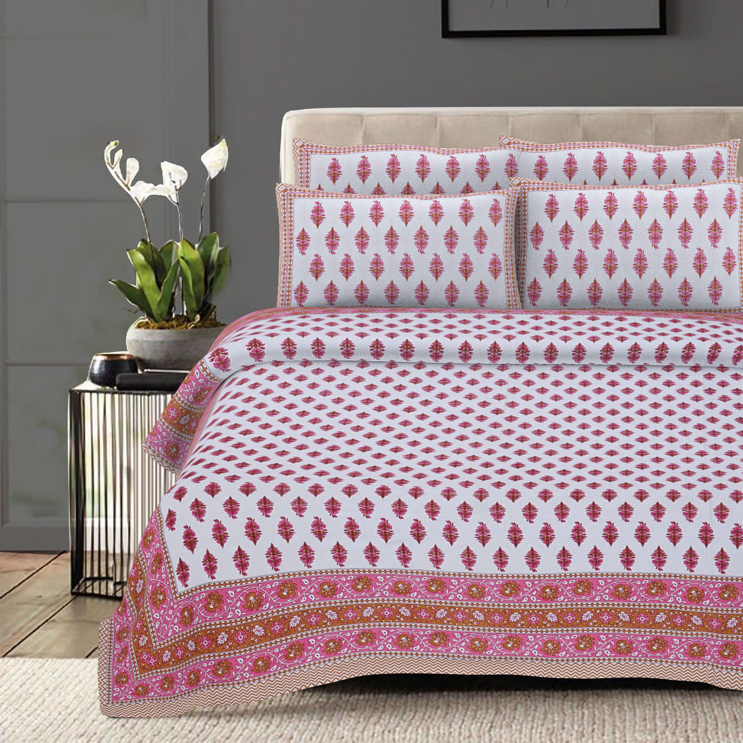 Cotton King Jaipuri Prints Flat Bedsheet (Pack of 1, Multicolor)