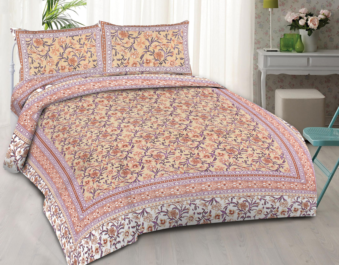 Cotton King Jaipuri Prints Flat Bedsheet (Pack of 1, Multicolor)