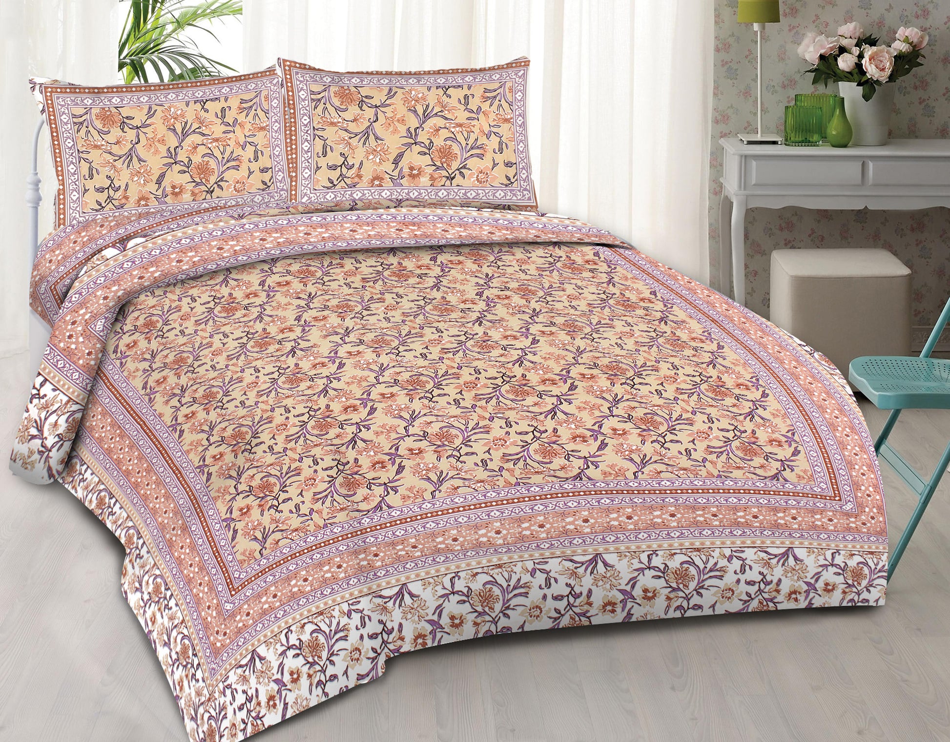 Cotton King Jaipuri Prints Flat Bedsheet (Pack of 1, Multicolor)