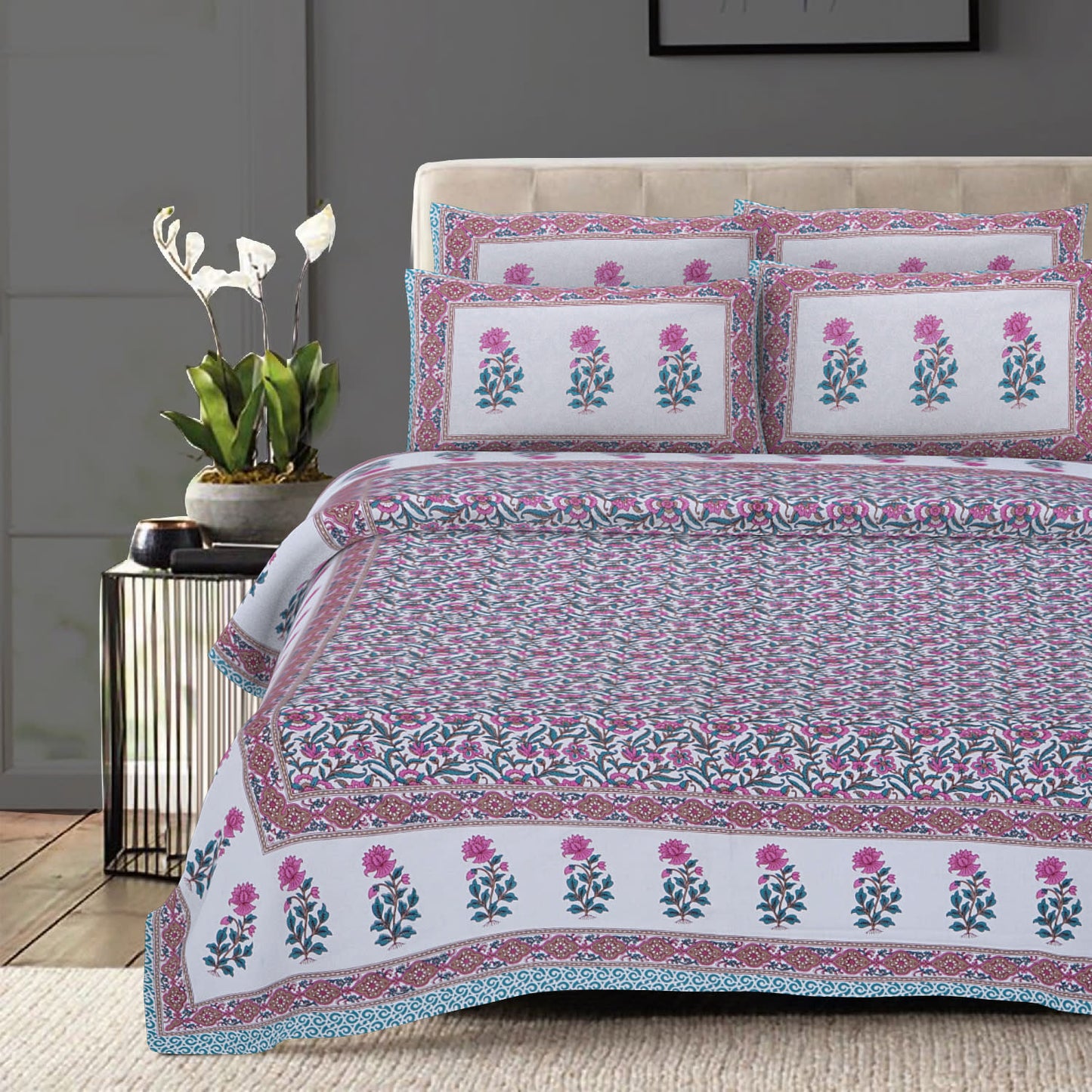 Cotton King Jaipuri Prints Flat Bedsheet (Pack of 1, Multicolor)