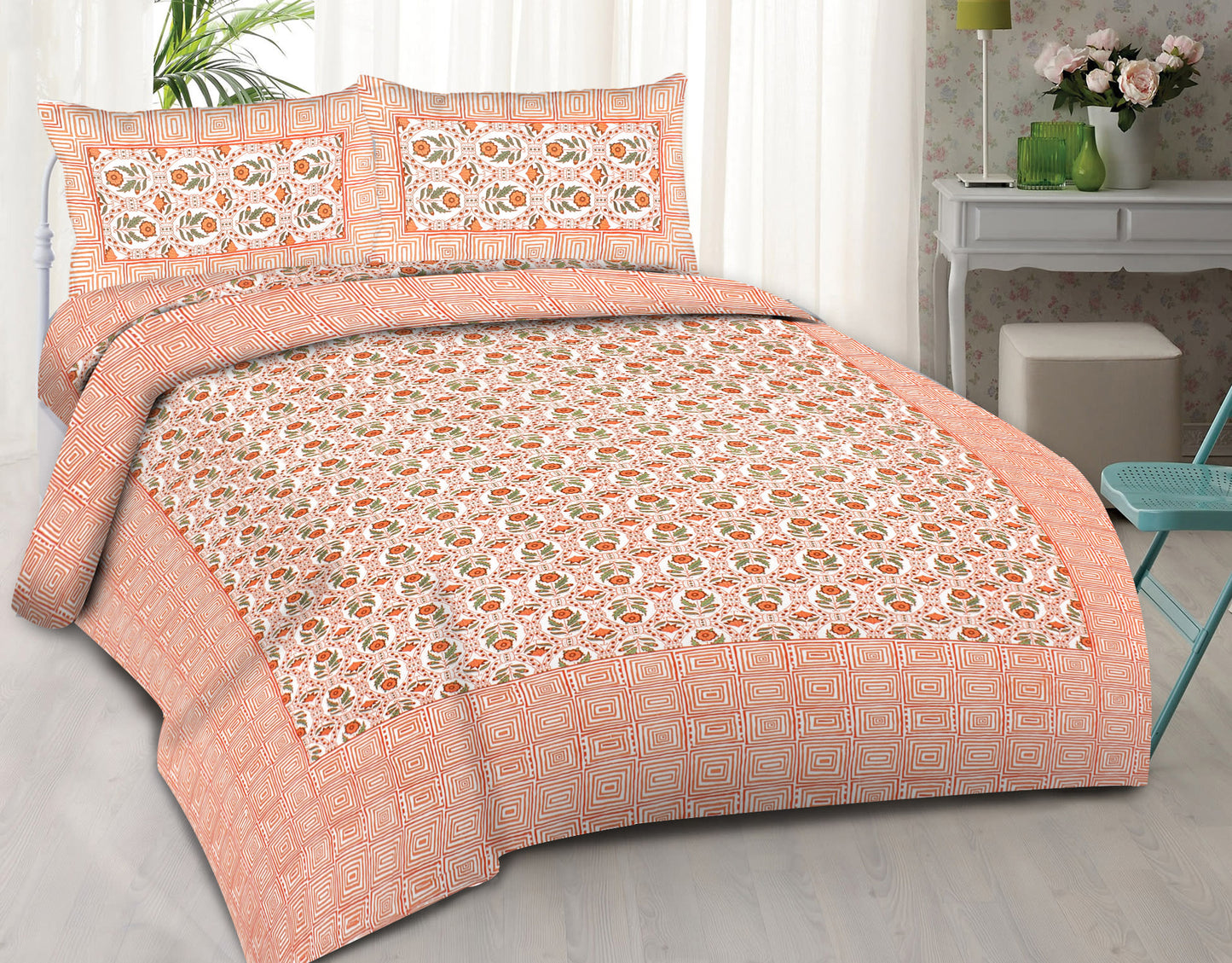Cotton King Jaipuri Prints Flat Bedsheet (Pack of 1, Multicolor)