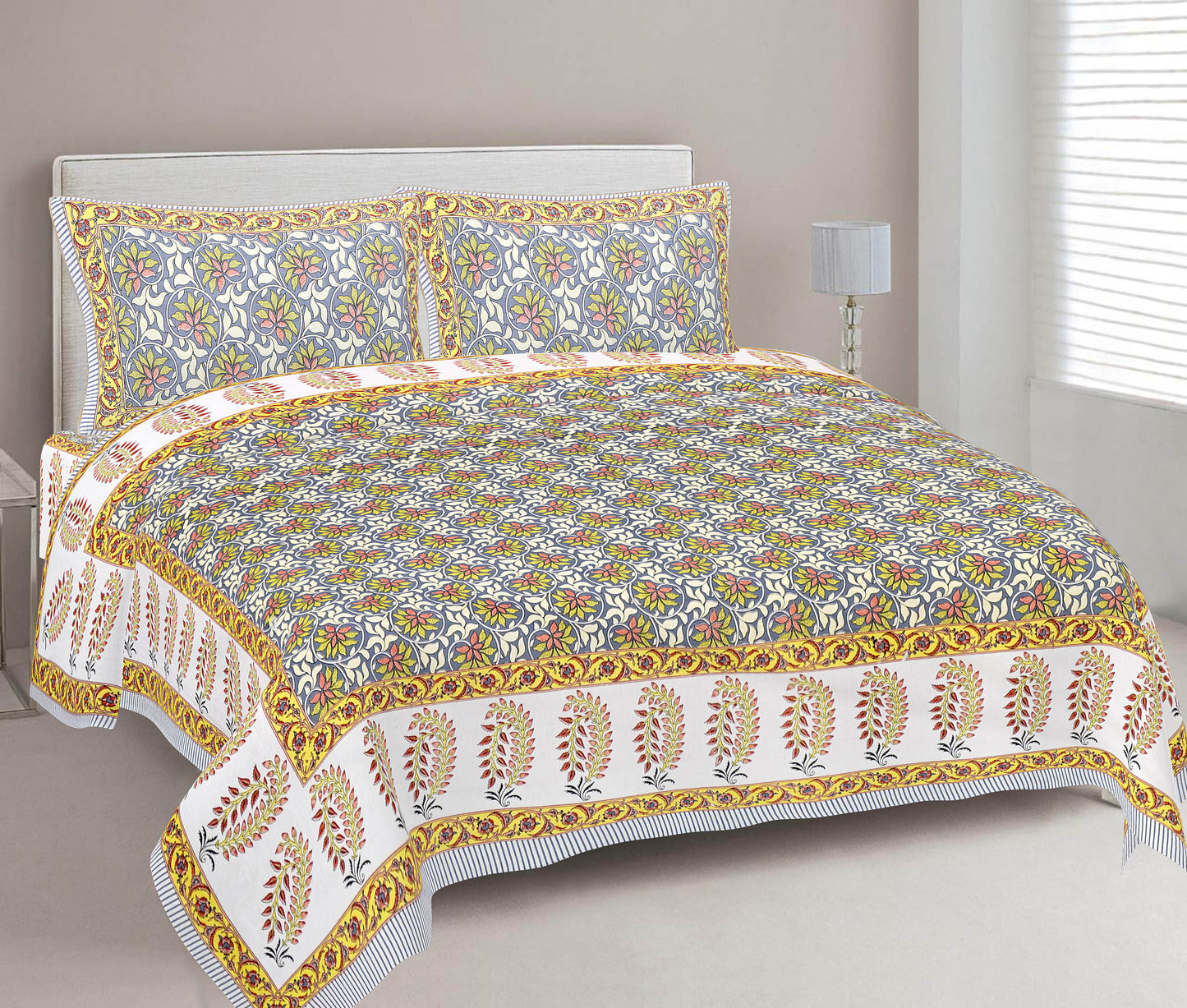 Cotton King Jaipuri Prints Flat Bedsheet (Pack of 1, Multicolor)