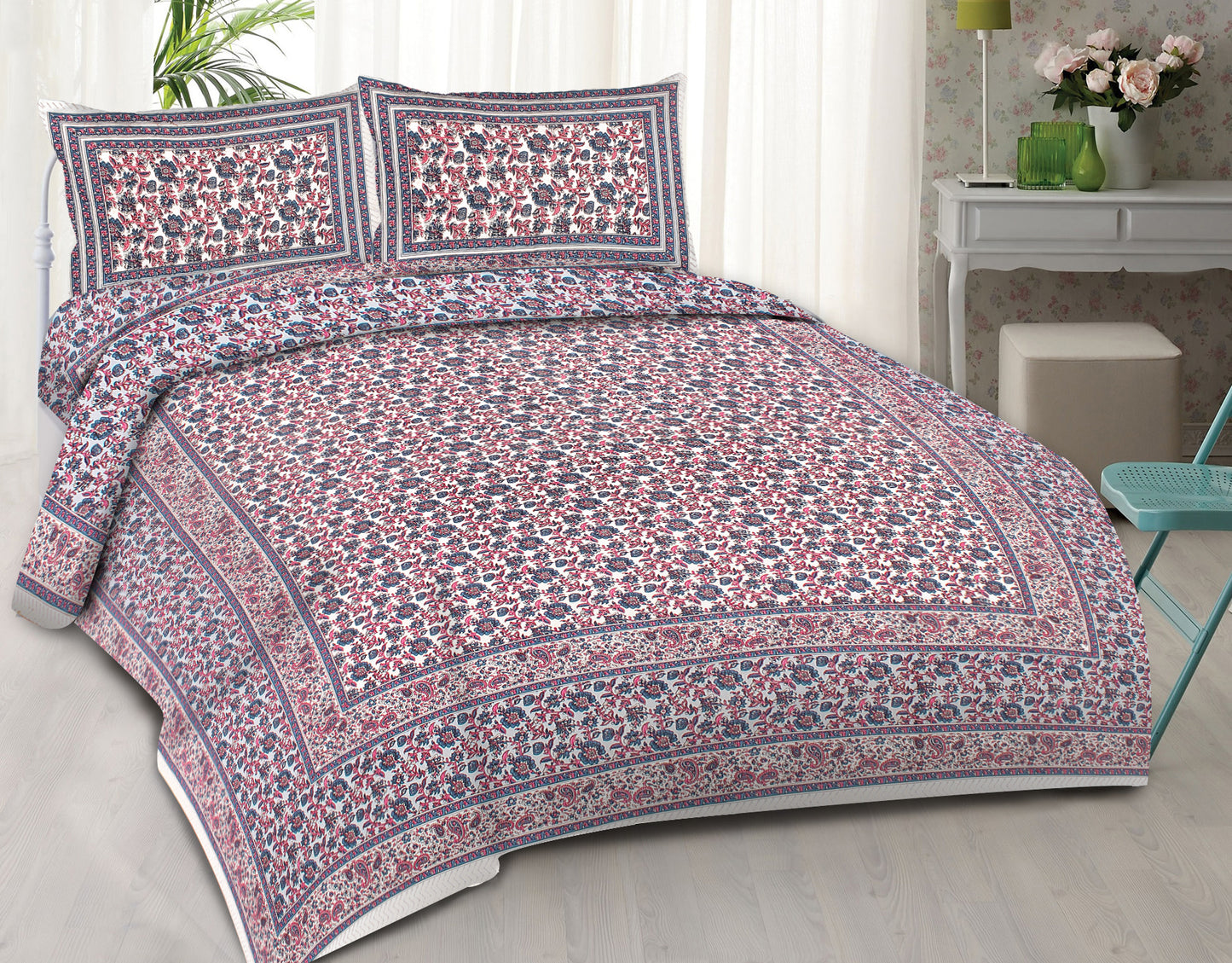 Cotton King Jaipuri Prints Flat Bedsheet (Pack of 1, Multicolor)