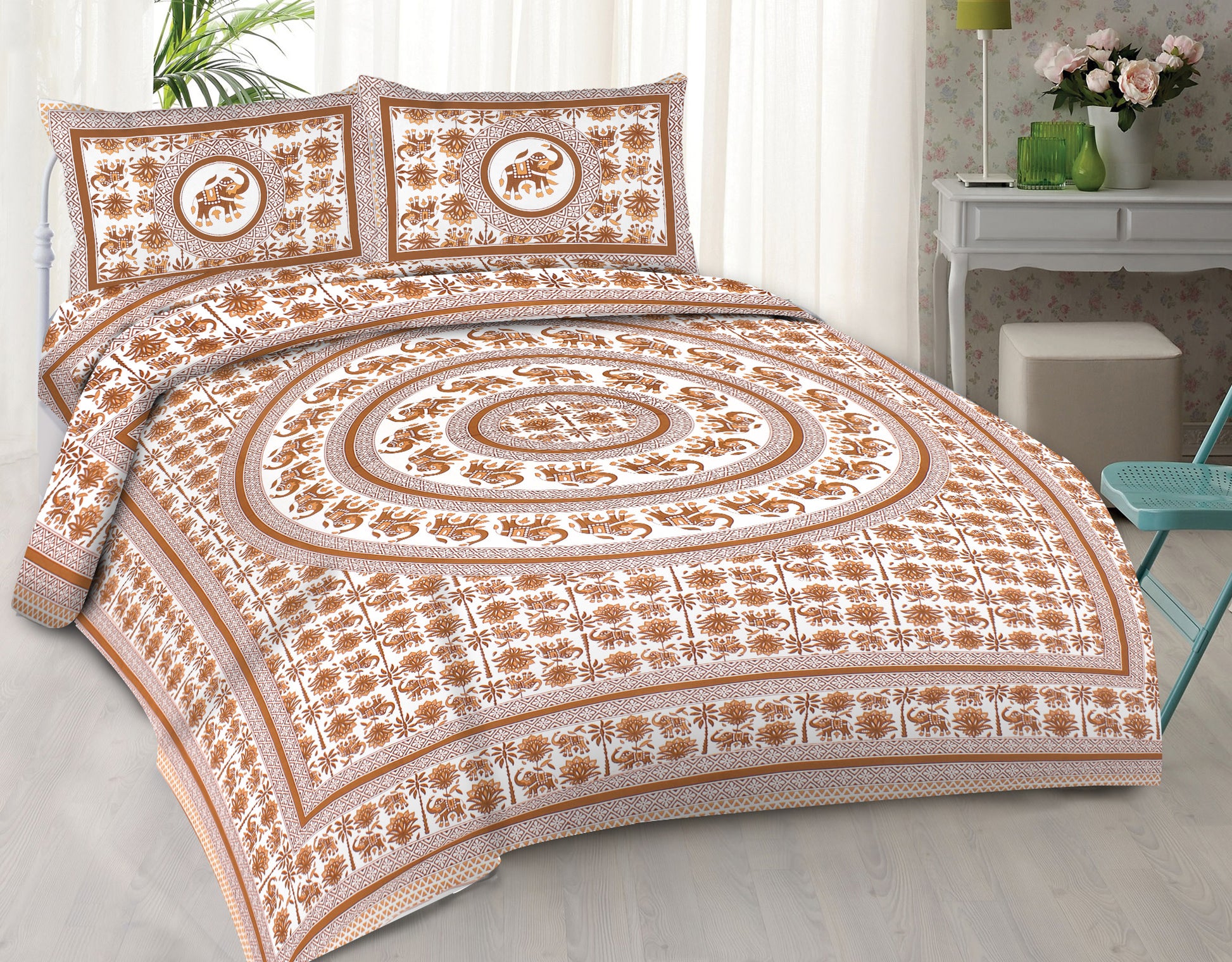 Cotton King Jaipuri Prints Flat Bedsheet (Pack of 1, Multicolor)