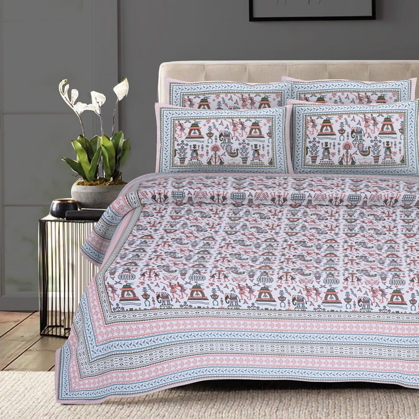 Cotton King Jaipuri Prints Flat Bedsheet  (Pack of 1, Grey)