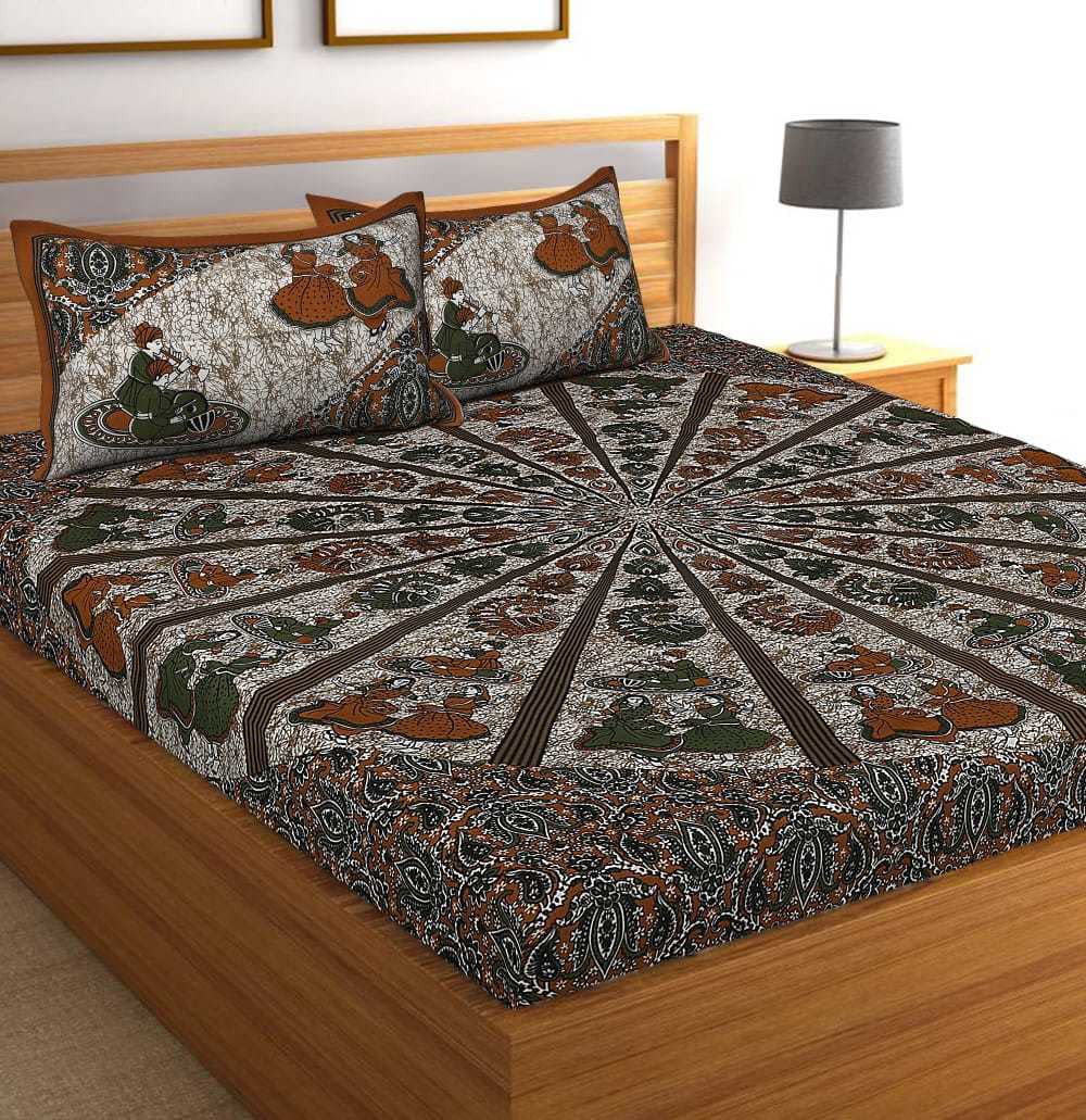 Jaipuri Prints Cotton Double Bedsheet (Brown)